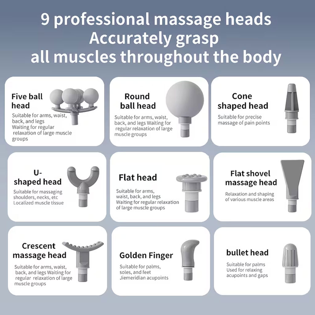 Pistolet de Massage Professionnel avec 9 Têtes Interchangeables pour Relaxation Totale - جهاز تدليك الجسم الاحترافي بـ 9 رؤوس لتدليك الأنسجة العميقة - 5