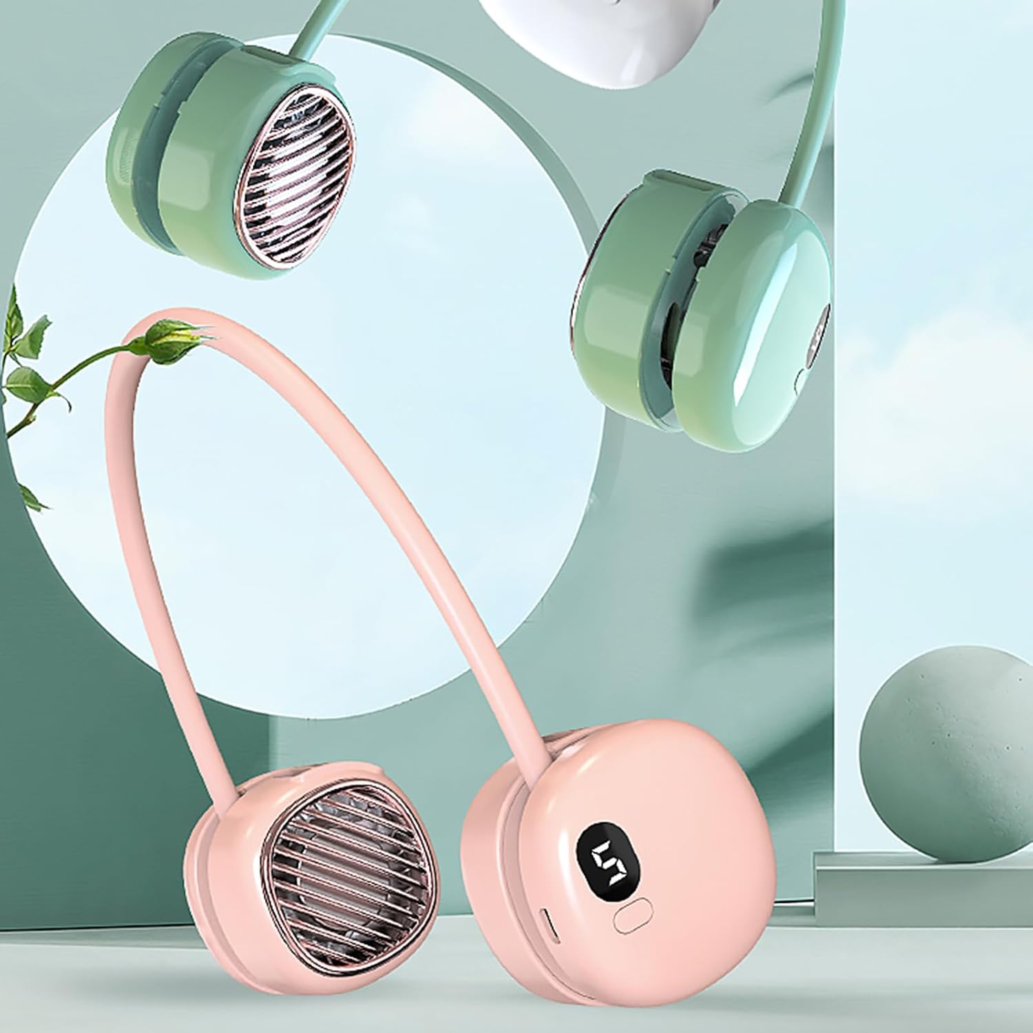 Ventilateur de Cou Portable Pliable - Design Macaron Écran LED et Rechargeable USB-C - مروحة الرقبة المحمولة والذكية القابلة للطي بـ 5 سرعات وشاشة 5