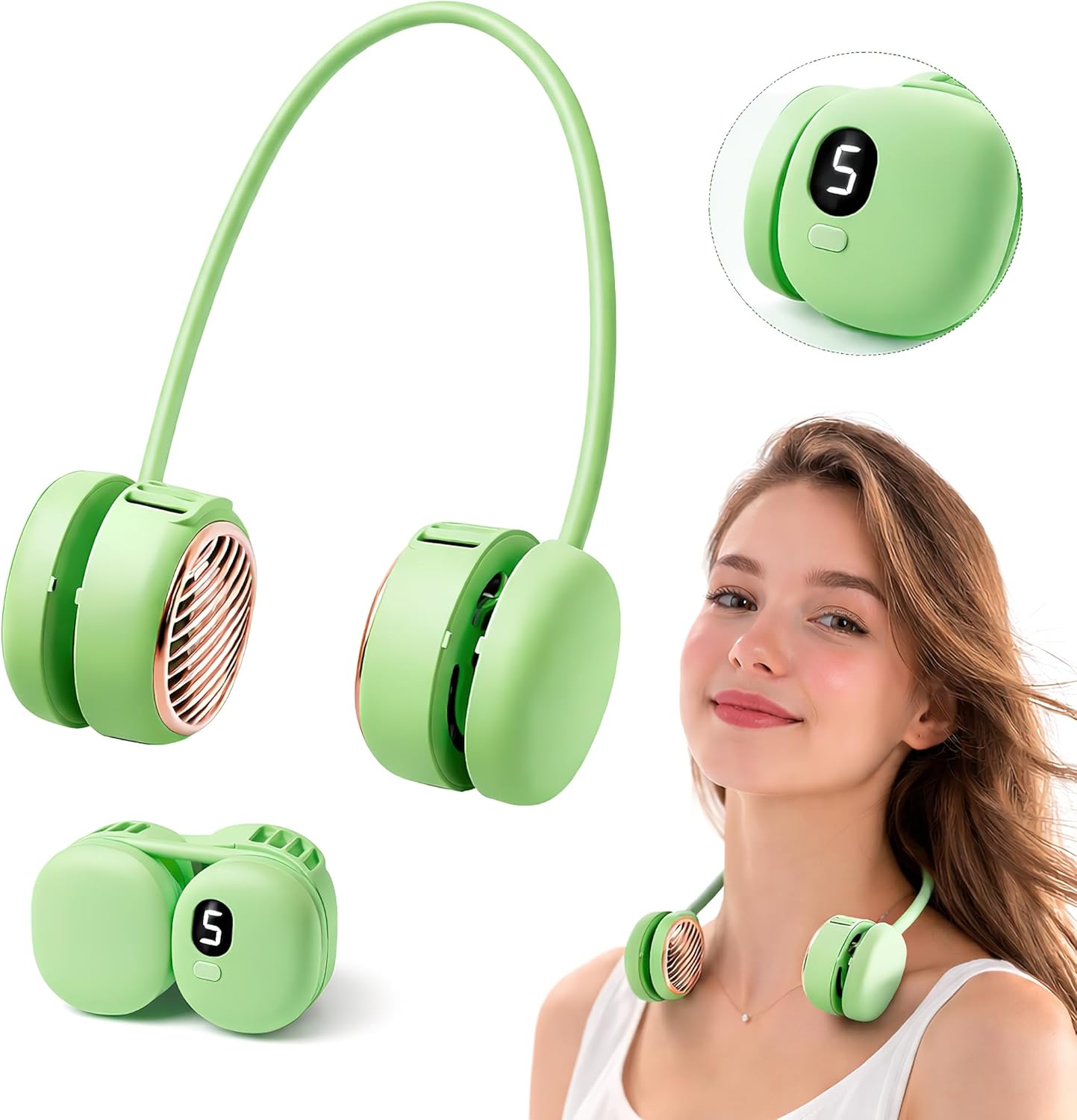 Ventilateur de Cou Portable Pliable - Design Macaron Écran LED et Rechargeable USB-C - مروحة الرقبة المحمولة والذكية القابلة للطي بـ 5 سرعات وشاشة 2