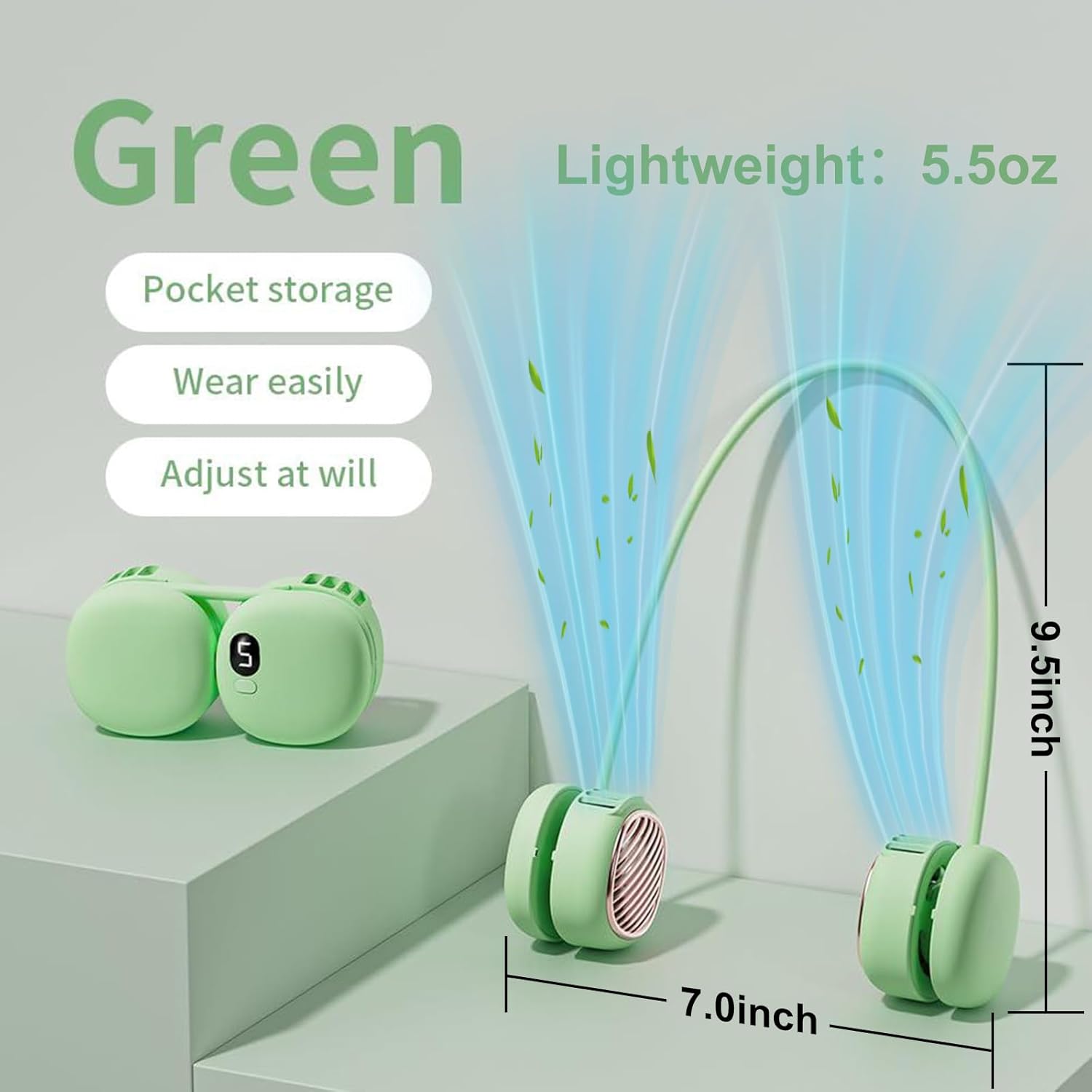 Ventilateur de Cou Portable Pliable - Design Macaron Écran LED et Rechargeable USB-C - مروحة الرقبة المحمولة والذكية القابلة للطي بـ 5 سرعات وشاشة 14