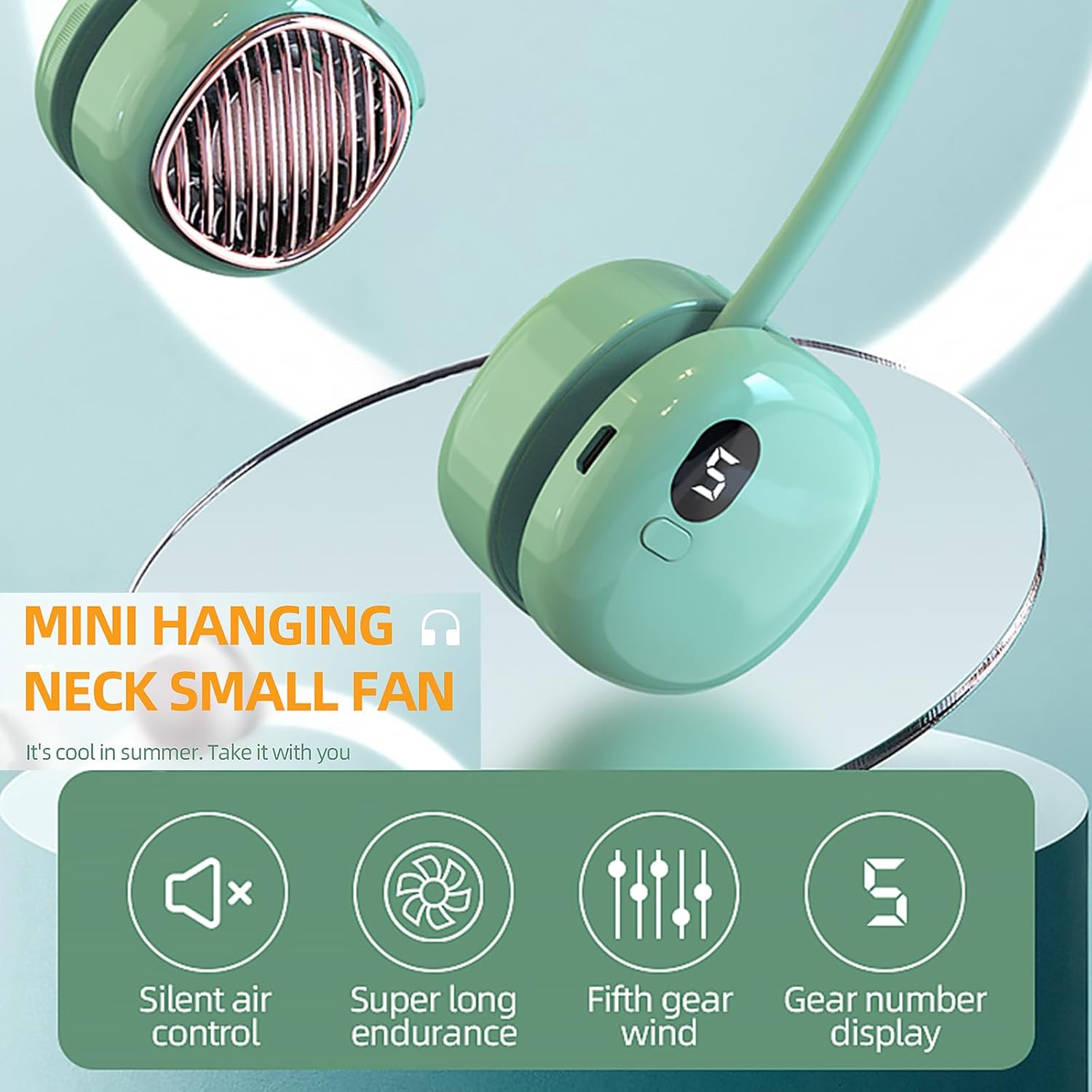 Ventilateur de Cou Portable Pliable - Design Macaron Écran LED et Rechargeable USB-C - مروحة الرقبة المحمولة والذكية القابلة للطي بـ 5 سرعات وشاشة - 8