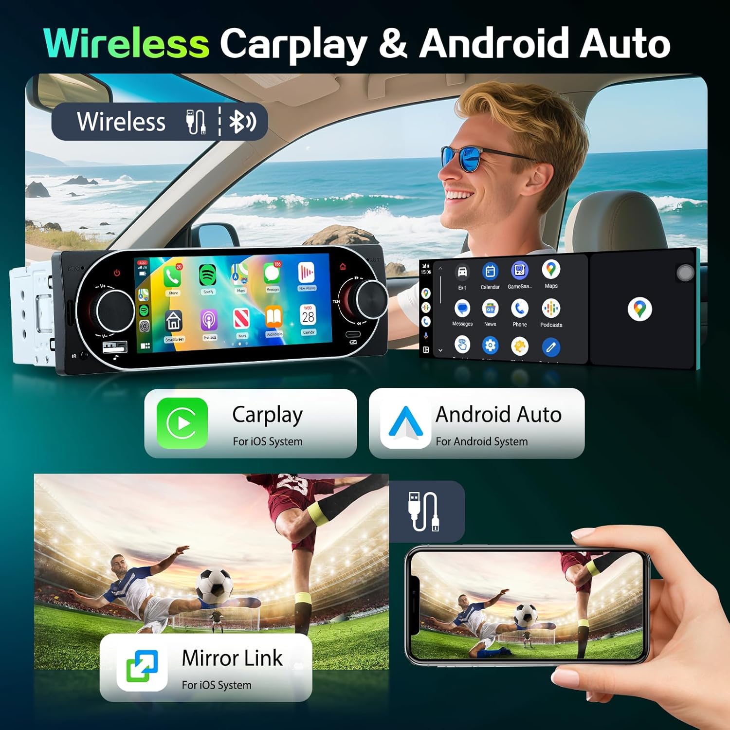 Autoradio 1Din Écran Tactile 5" IPS - Apple CarPlay et Android Auto Sans Fil Charge Rapide Type-C - راديو سيارة ذكي بشاشة لمس 5 بوصة تدعم و لاسلكيًا - 8