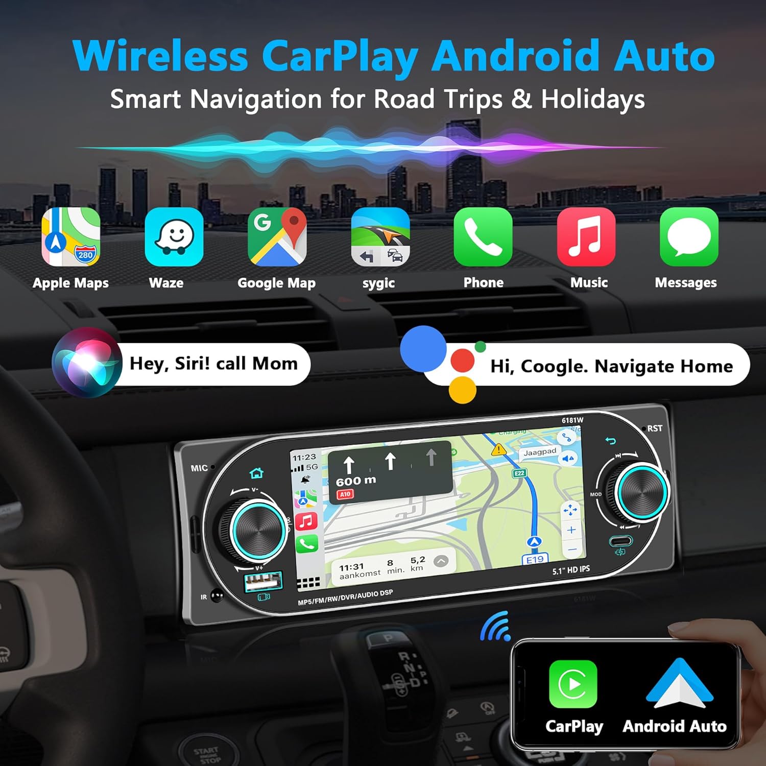 Autoradio 1Din Écran Tactile 5" IPS - Apple CarPlay et Android Auto Sans Fil Charge Rapide Type-C - راديو سيارة ذكي بشاشة لمس 5 بوصة تدعم و لاسلكيًا 5