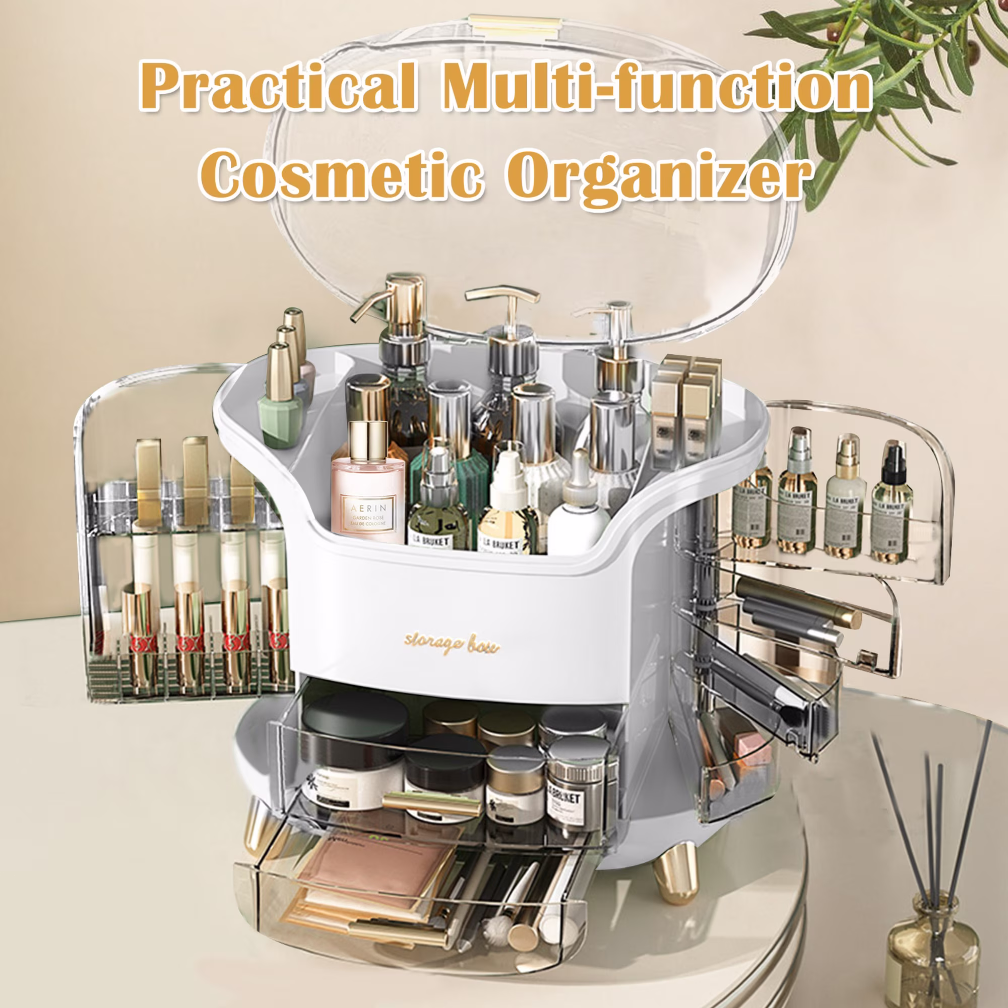 Boîte d'Organisation et Rangement de Maquillage Grande Capacité - منظم وصندوق أدراج للمكياج والمستحضرات بتصميم شفاف وعصري 10