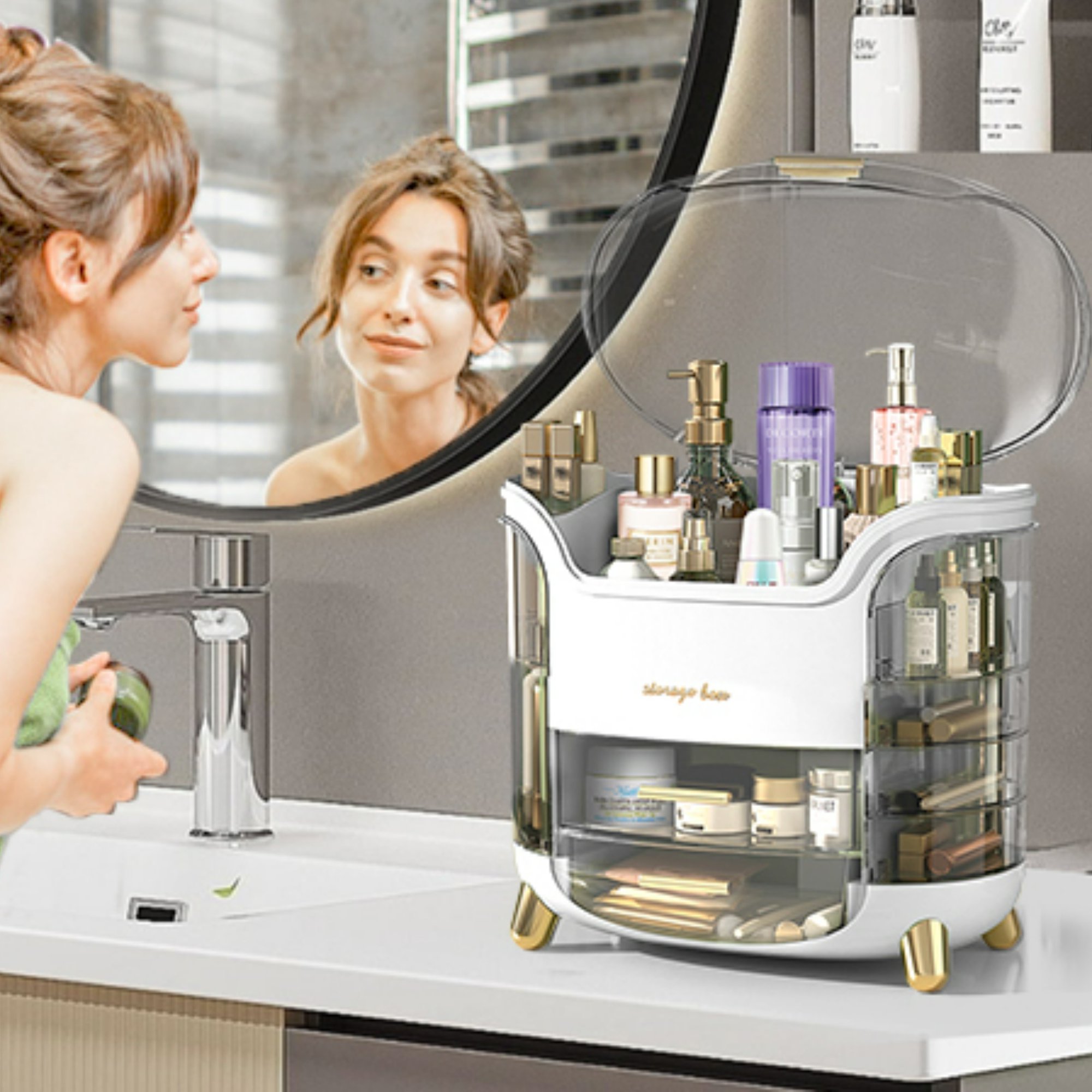 Boîte d'Organisation et Rangement de Maquillage Grande Capacité - منظم وصندوق أدراج للمكياج والمستحضرات بتصميم شفاف وعصري 11