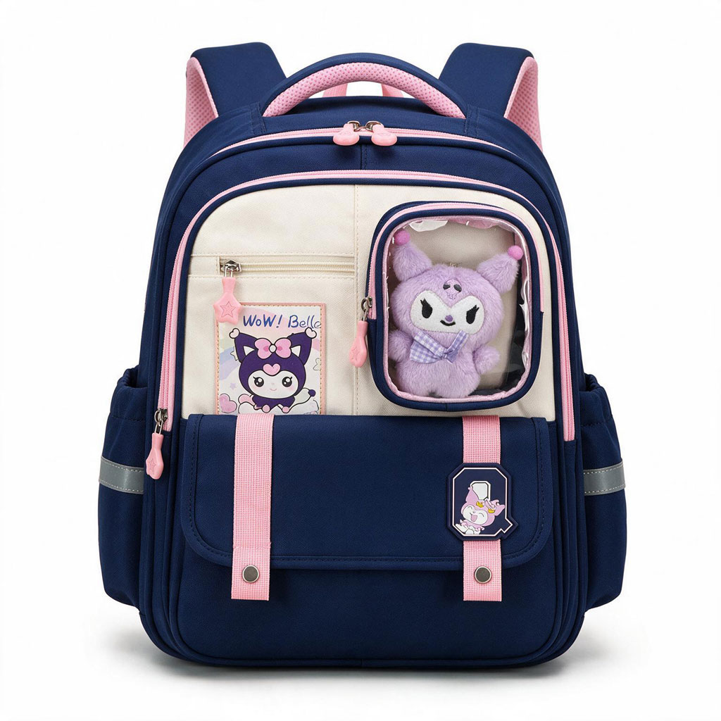 Cartable Scolaire Style Kawaii Grand Volume avec Peluche Incluse Tissu Imperméable Bleu et Rose - حقيبة مدرسية بتصميم كاوايي