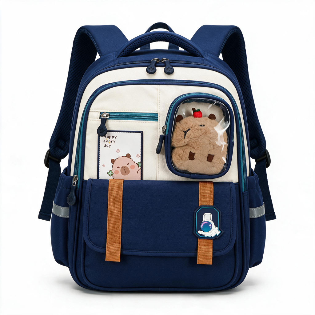 Cartable Scolaire Style Kawaii Grand Volume avec Peluche Incluse Tissu Imperméable Bleu- حقيبة مدرسية بتصميم كاوايي