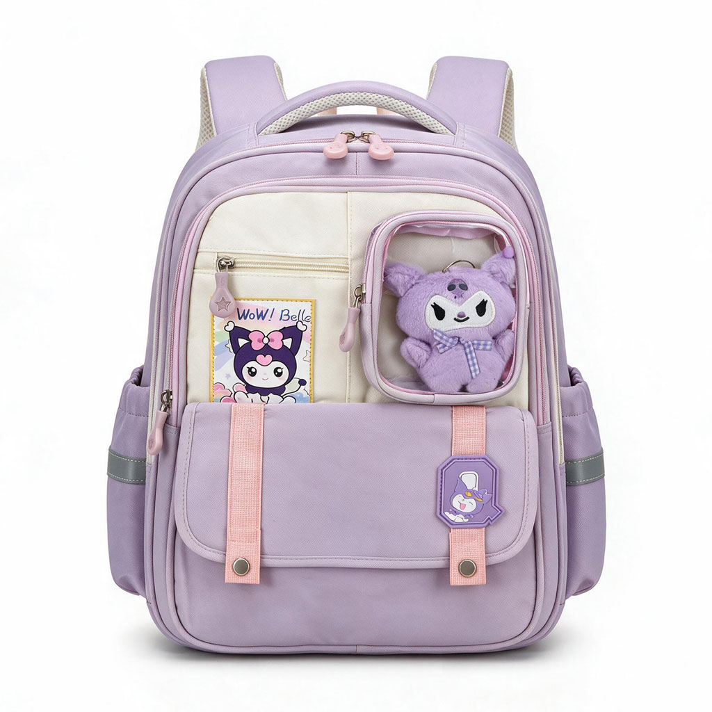 Cartable Scolaire Style Kawaii Grand Volume avec Peluche Incluse Tissu Imperméable Rose - حقيبة مدرسية بتصميم كاوايي