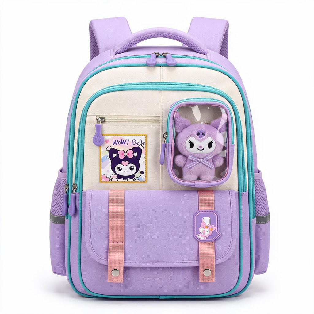 Cartable Scolaire Style Kawaii Grand Volume avec Peluche Incluse Tissu Imperméable Mauve- حقيبة مدرسية بتصميم كاوايي - 1