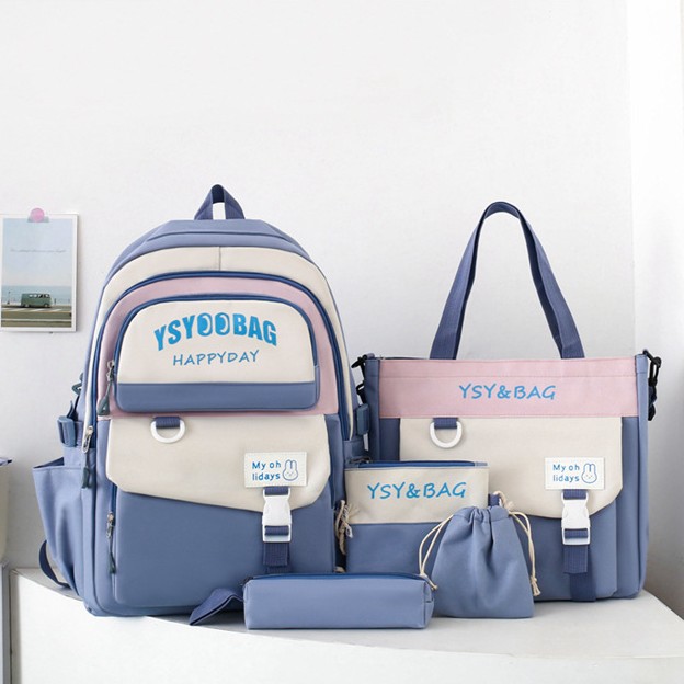Sac à Dos Multifonctionnel Kawaii Grand Volume Imperméable et Résistant 5Pcs Bleu SACKDS10BL - حقيبة ظهر بعدة قطع بتصميم كاوايي - 1