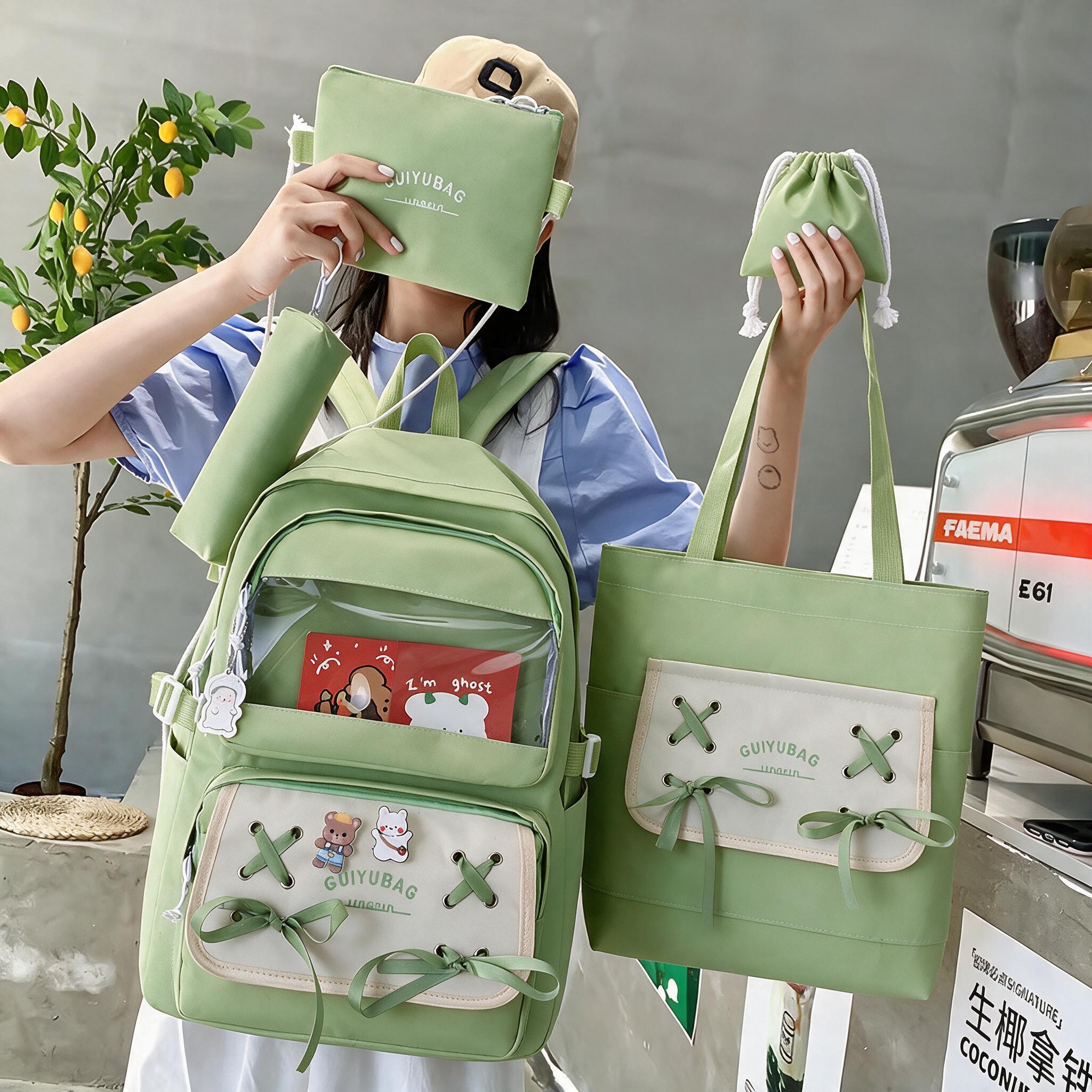 Sac à Dos Multifonctionnel Kawaii Grand Volume Imperméable et Résistant 5Pcs Vert SACKDS11VR - حقيبة ظهر بعدة قطع بتصميم كاوايي  4