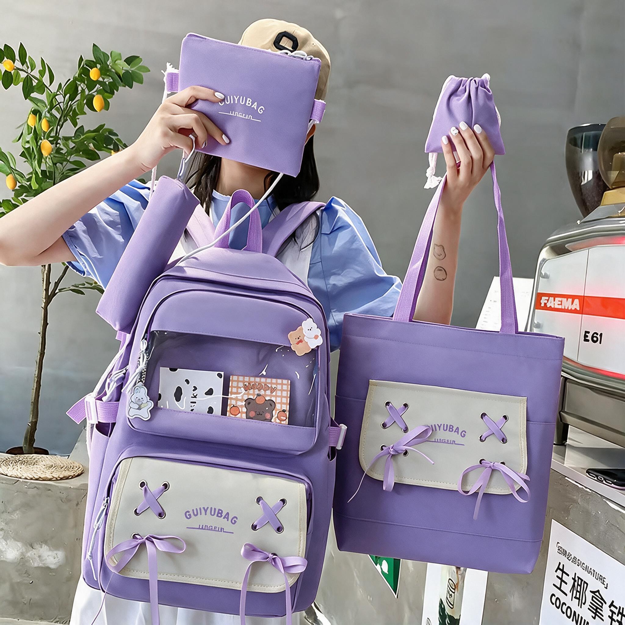 Sac à Dos Multifonctionnel Kawaii Grand Volume Imperméable et Résistant 5Pcs Mauve SACKDS11MV - حقيبة ظهر بعدة قطع بتصميم كاوايي  - 4