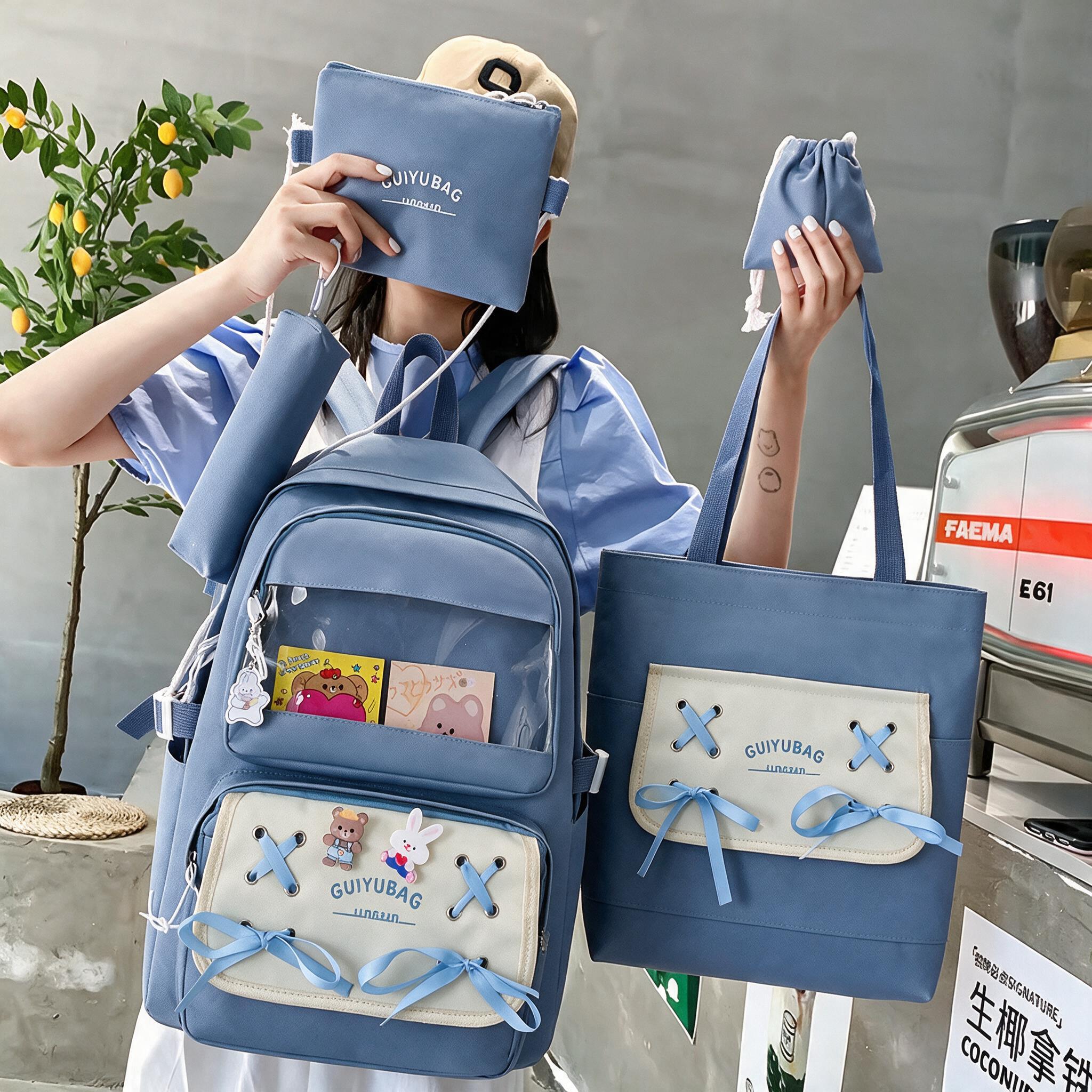 Sac à Dos Multifonctionnel Kawaii Grand Volume Imperméable et Résistant 5Pcs Bleu SACKDS11BL - حقيبة ظهر بعدة قطع بتصميم كاوايي  4