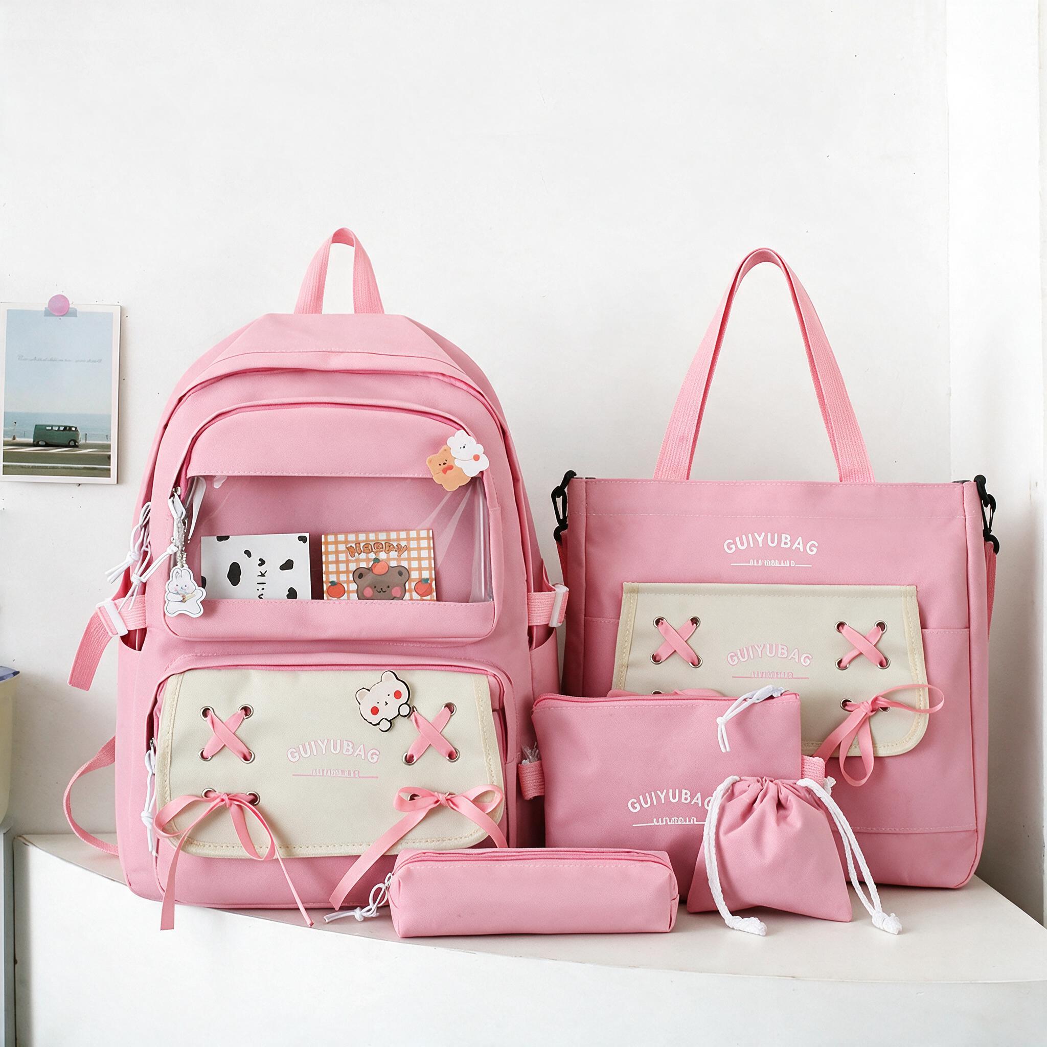 Sac à Dos Multifonctionnel Kawaii Grand Volume Imperméable et Résistant 5Pcs Rose SACKDS11RS - حقيبة ظهر بعدة قطع بتصميم كاوايي - 1