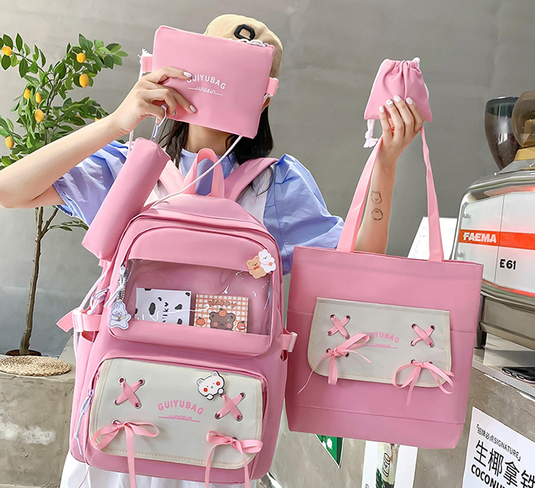 Sac à Dos Multifonctionnel Kawaii Grand Volume Imperméable et Résistant 5Pcs Rose SACKDS11RS - حقيبة ظهر بعدة قطع بتصميم كاوايي - 2