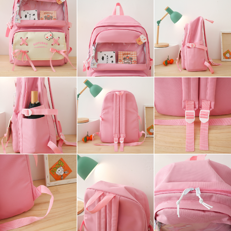 Sac à Dos Multifonctionnel Kawaii Grand Volume Imperméable et Résistant 5Pcs Rose SACKDS11RS - حقيبة ظهر بعدة قطع بتصميم كاوايي 4