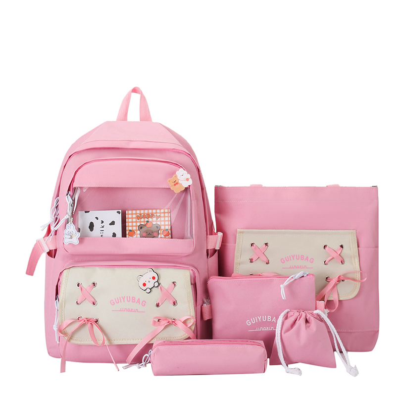 Sac à Dos Multifonctionnel Kawaii Grand Volume Imperméable et Résistant 5Pcs Rose SACKDS11RS - حقيبة ظهر بعدة قطع بتصميم كاوايي 5