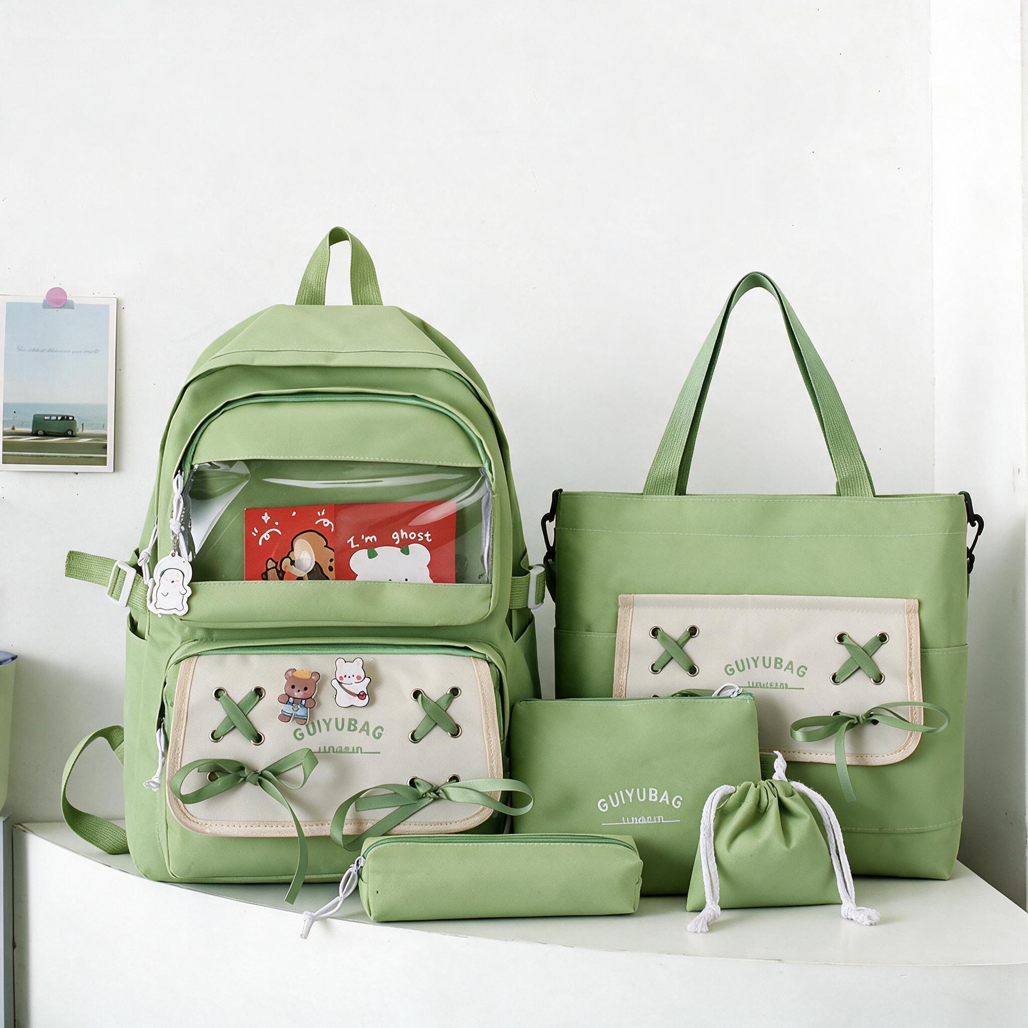 Sac à Dos Multifonctionnel Kawaii Grand Volume Imperméable et Résistant 5Pcs Vert SACKDS11VR - حقيبة ظهر بعدة قطع بتصميم كاوايي - 1