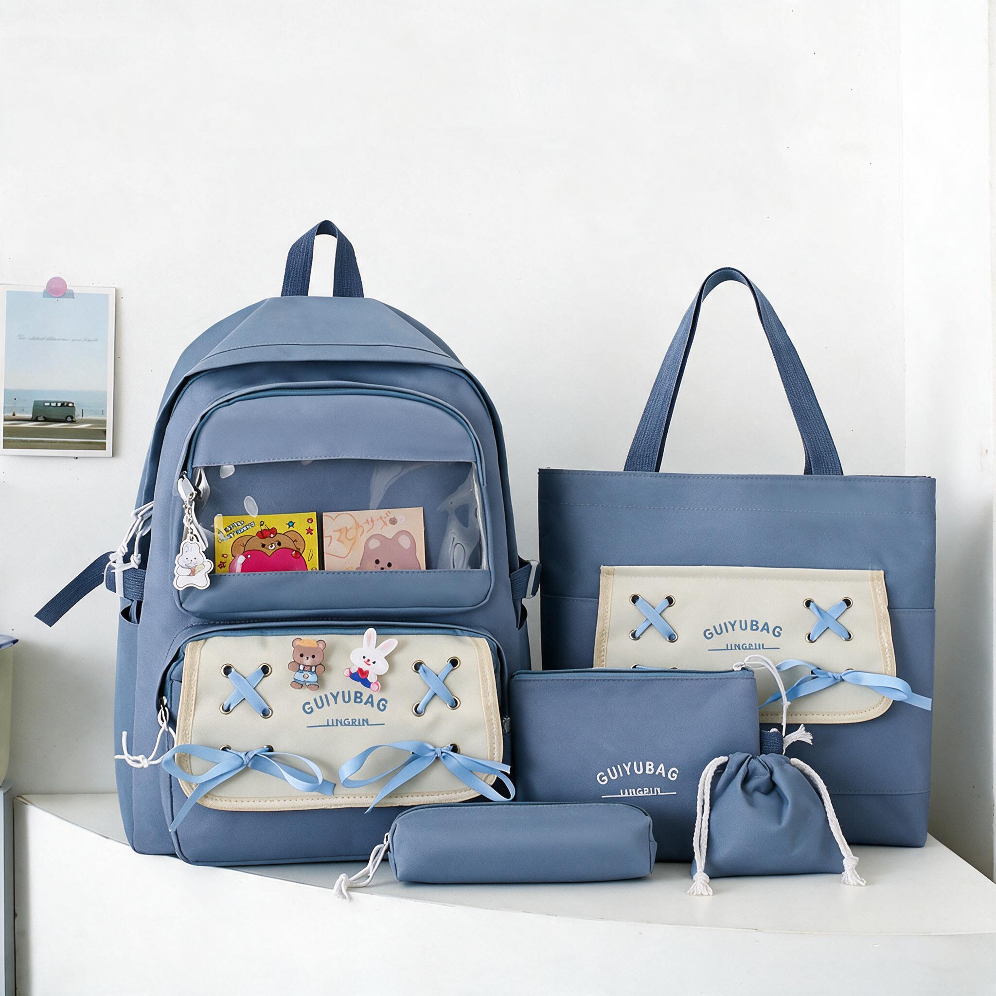 Sac à Dos Multifonctionnel Kawaii Grand Volume Imperméable et Résistant 5Pcs Bleu SACKDS11BL - حقيبة ظهر بعدة قطع بتصميم كاوايي - 1