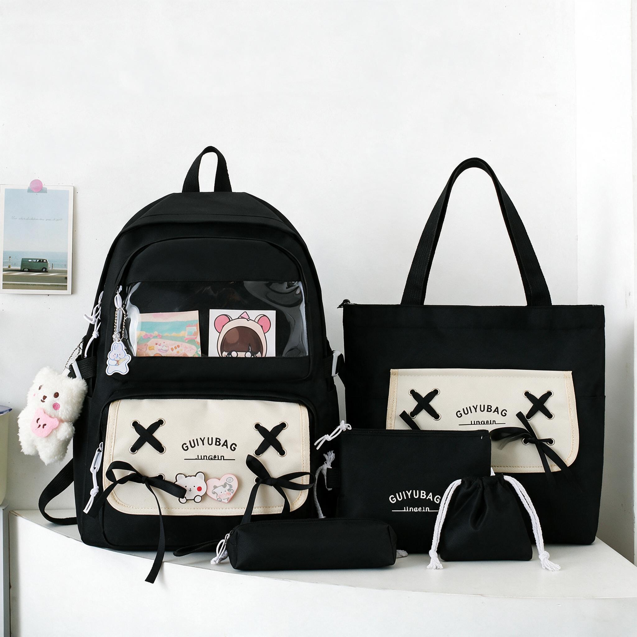 Sac à Dos Multifonctionnel Kawaii Grand Volume Imperméable et Résistant 5Pcs Noir SACKDS11N - حقيبة ظهر بعدة قطع بتصميم كاوايي 1