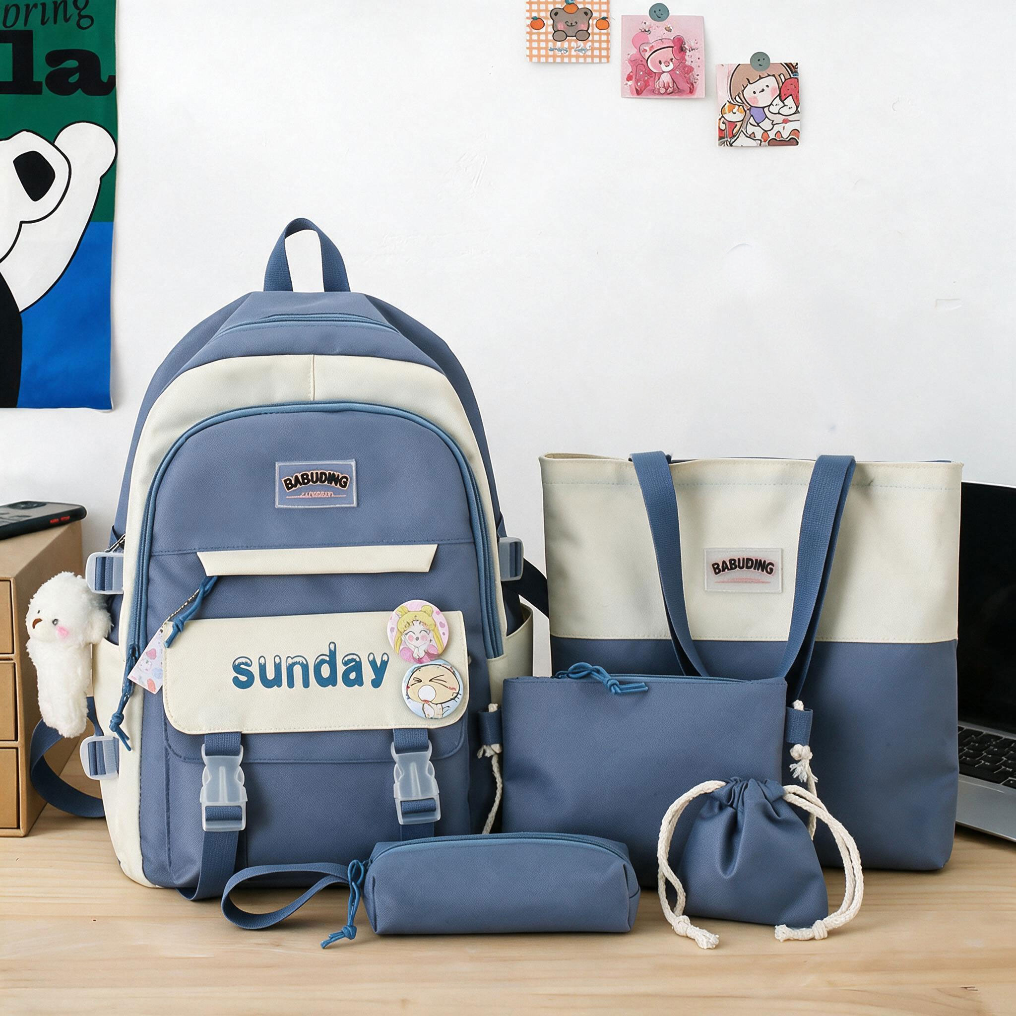 Sac à Dos Multifonctionnel Kawaii Grand Volume Imperméable et Résistant 5Pcs Bleu SACKDS14BL - حقيبة ظهر بعدة قطع بتصميم كاوايي - 1