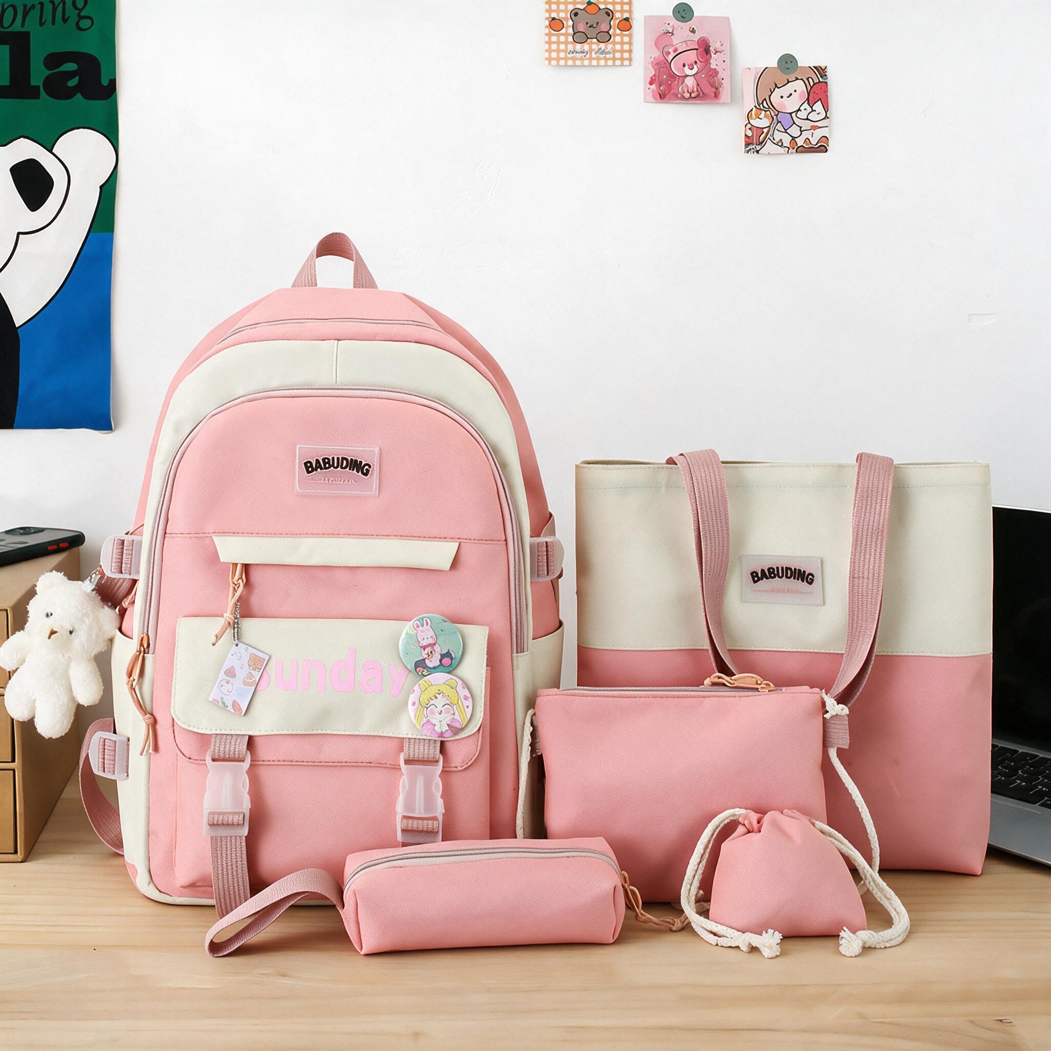 Sac à Dos Multifonctionnel Kawaii Grand Volume Imperméable et Résistant 5Pcs Rose SACKDS14RS - حقيبة ظهر بعدة قطع بتصميم كاوايي - 1