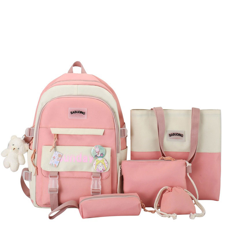 Sac à Dos Multifonctionnel Kawaii Grand Volume Imperméable et Résistant 5Pcs Rose SACKDS14RS - حقيبة ظهر بعدة قطع بتصميم كاوايي - 2