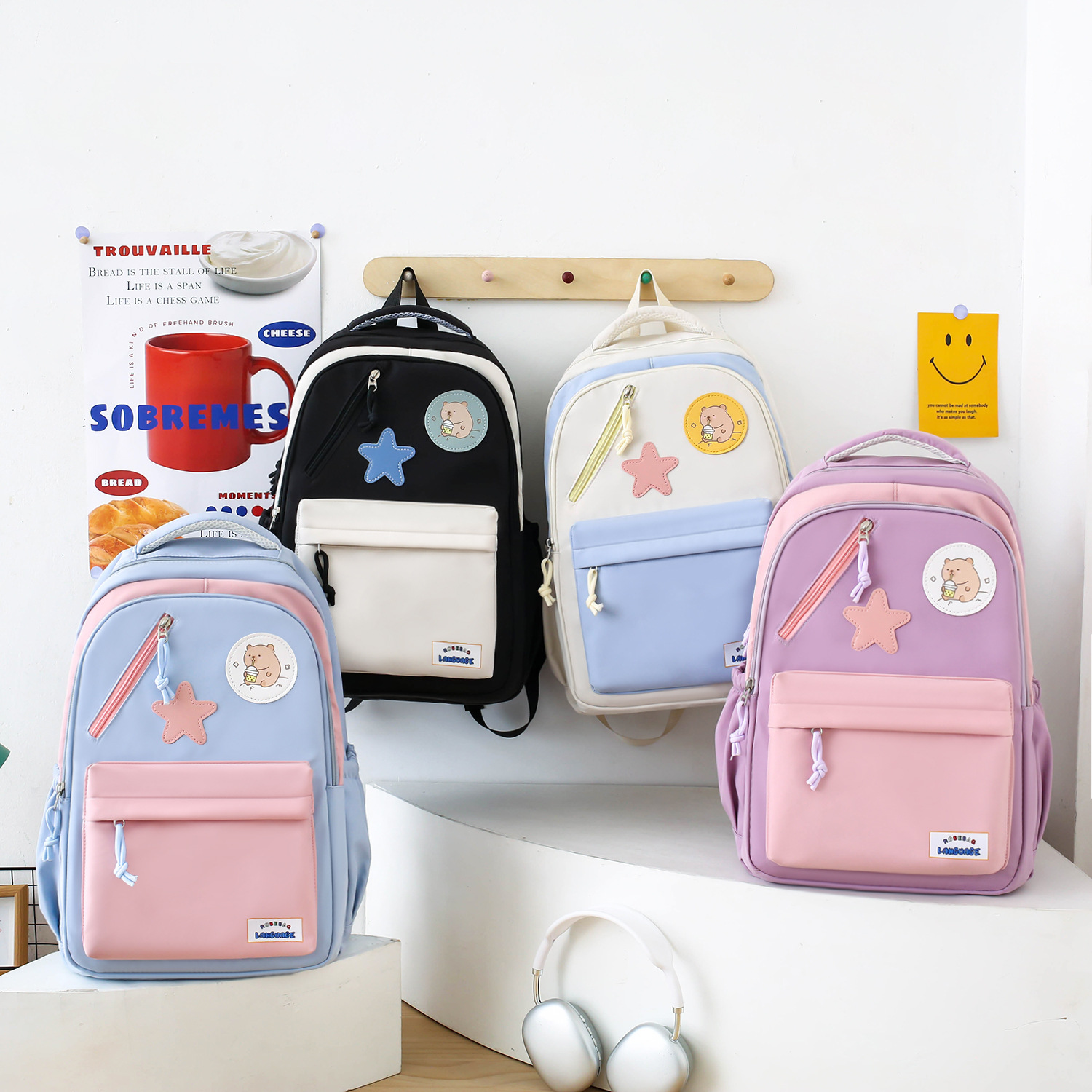 Sac à Dos Multifonctionnel Kawaii Grand Volume Imperméable et Résistant 4Pcs Bleu et Rose SACKDS02BRS - حقيبة ظهر بعدة قطع بتصميم كاوايي - 3