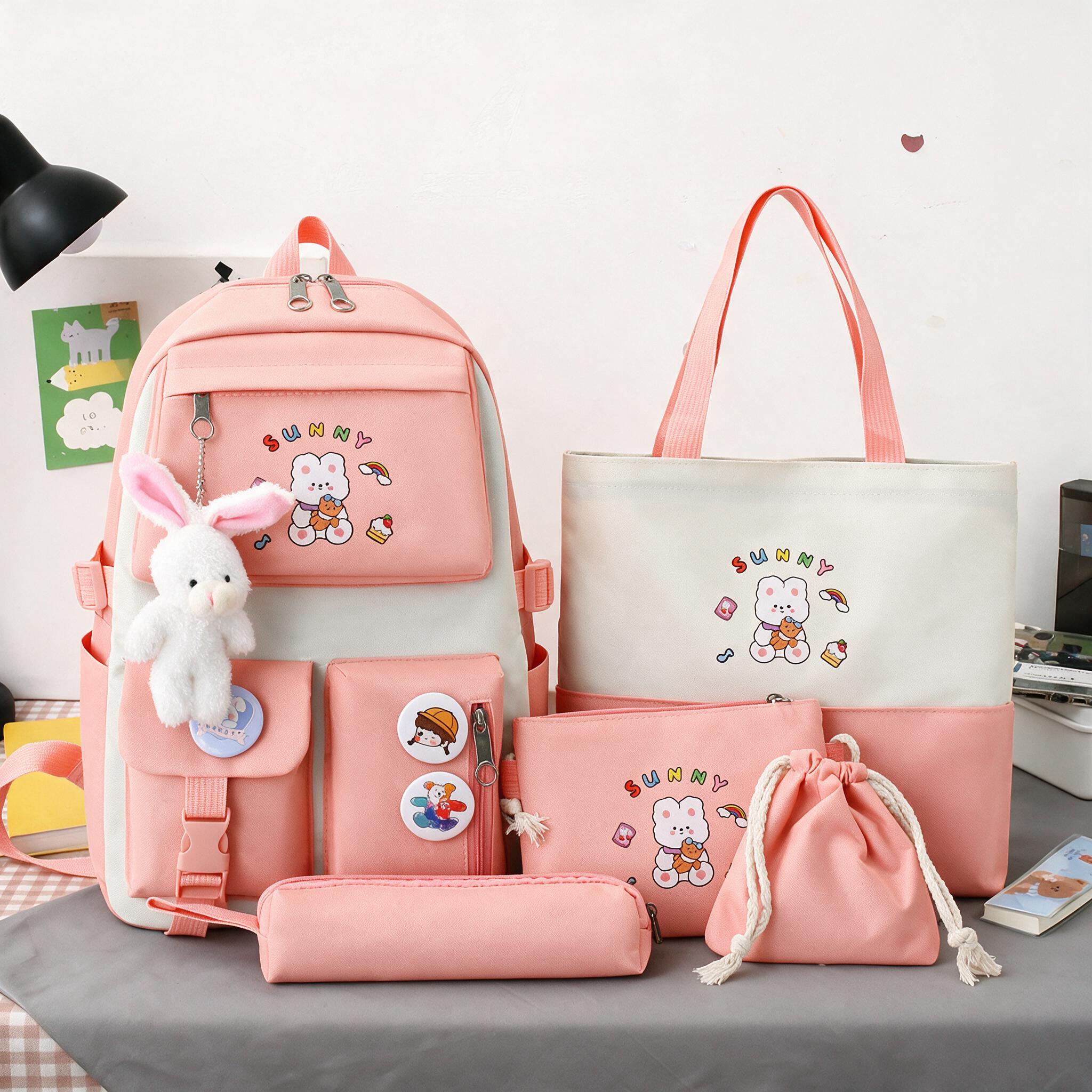 Sac à Dos Multifonctionnel Kawaii Grand Volume Imperméable et Résistant 5Pcs Rose SACKDS15RS - حقيبة ظهر بعدة قطع بتصميم كاوايي - 1