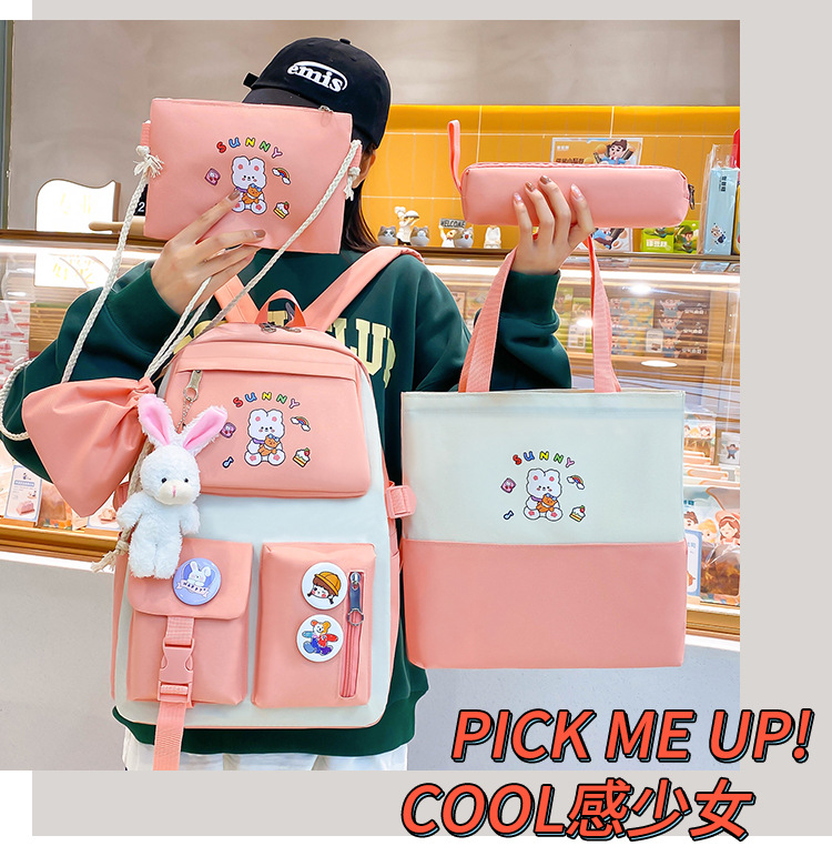 Sac à Dos Multifonctionnel Kawaii Grand Volume Imperméable et Résistant 5Pcs Rose SACKDS15RS - حقيبة ظهر بعدة قطع بتصميم كاوايي 5