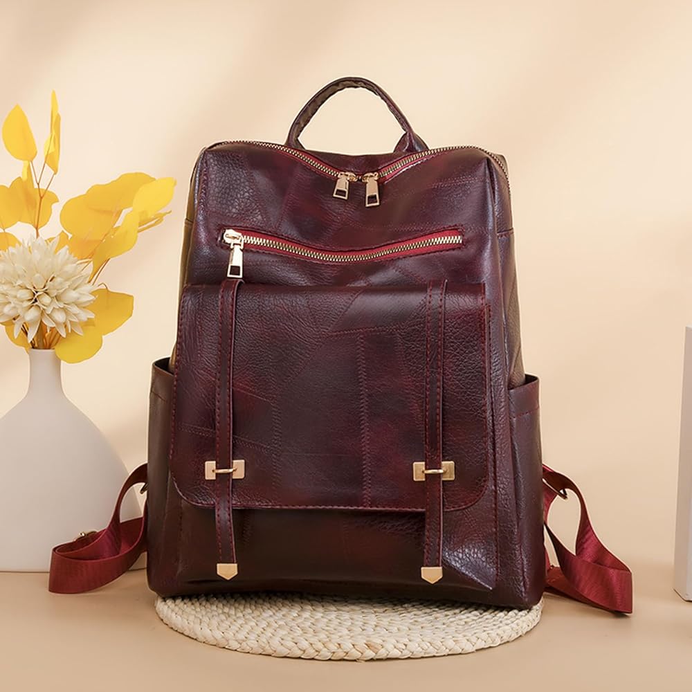 Sac à dos rétro en cuir synthétique pour femme Grenat - حقيبة ظهر نسائية من الجلد - 4