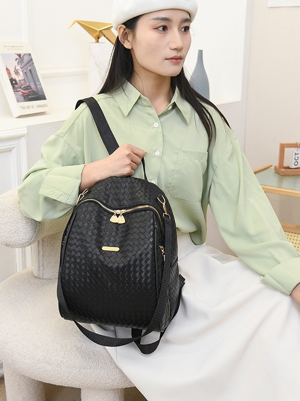 Sac à Dos Femme en Cuir Tressé Élégant avec Ceinture D'Épaule Convertible - حقيبة ظهر جلدية للنساء بتصميم فاخر 4