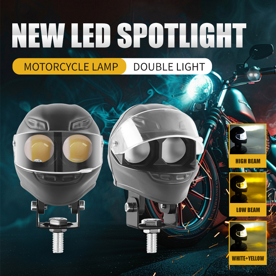 Projecteur LED Auxiliaire pour Moto et Scooter Double Couleur Blanc et Jaune Helmet Design 1Pcs - كشاف إضاءة لدراجات النارية بتصميم خوذة وإضاءة مزدوجة - 10