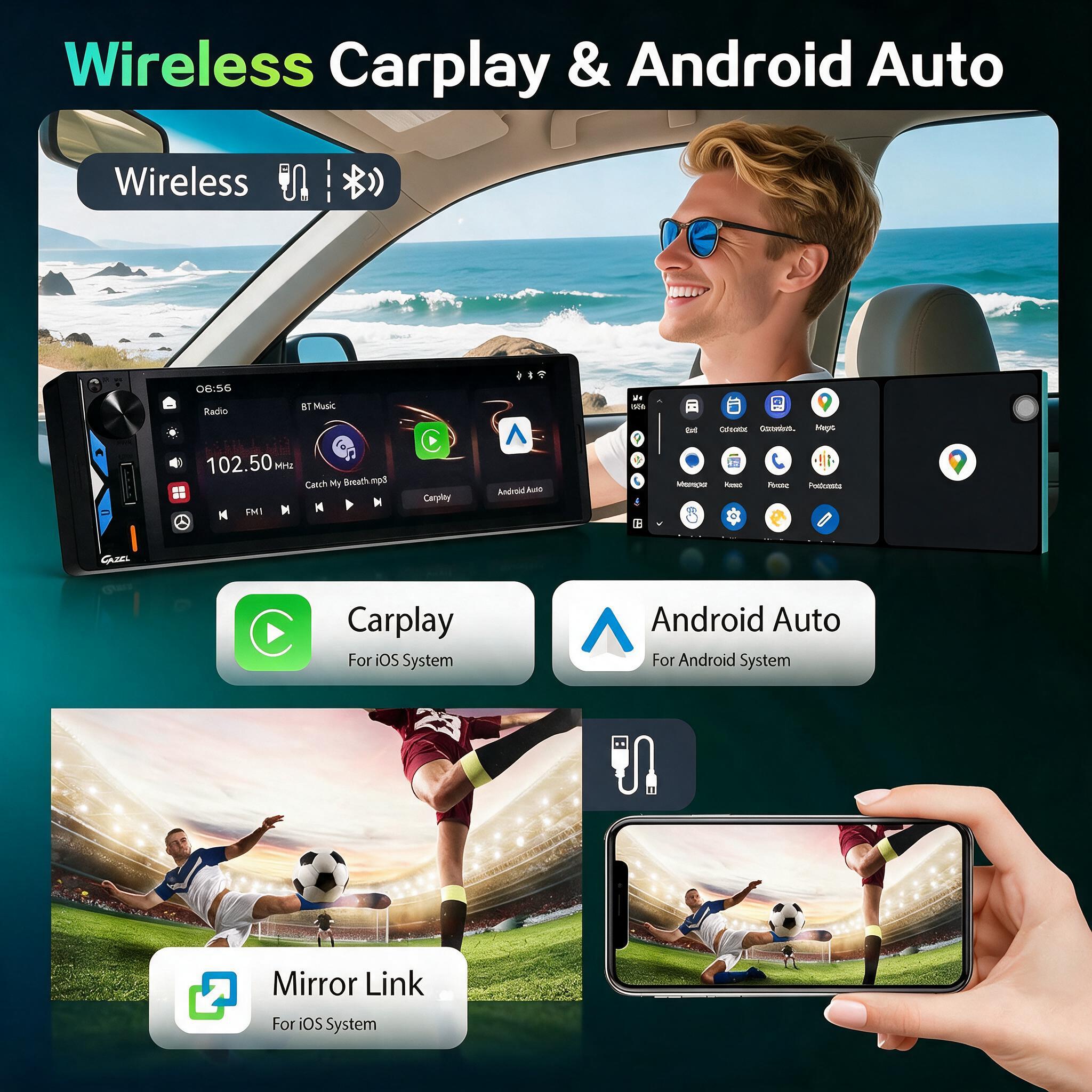Gazel Autoradio 1Din Écran Tactile 5" IPS - Apple CarPlay et Android Auto Sans Fil Charge Rapide Type-C - راديو سيارة ذكي بشاشة لمس 5 بوصة تدعم و لاسلكيًا 5