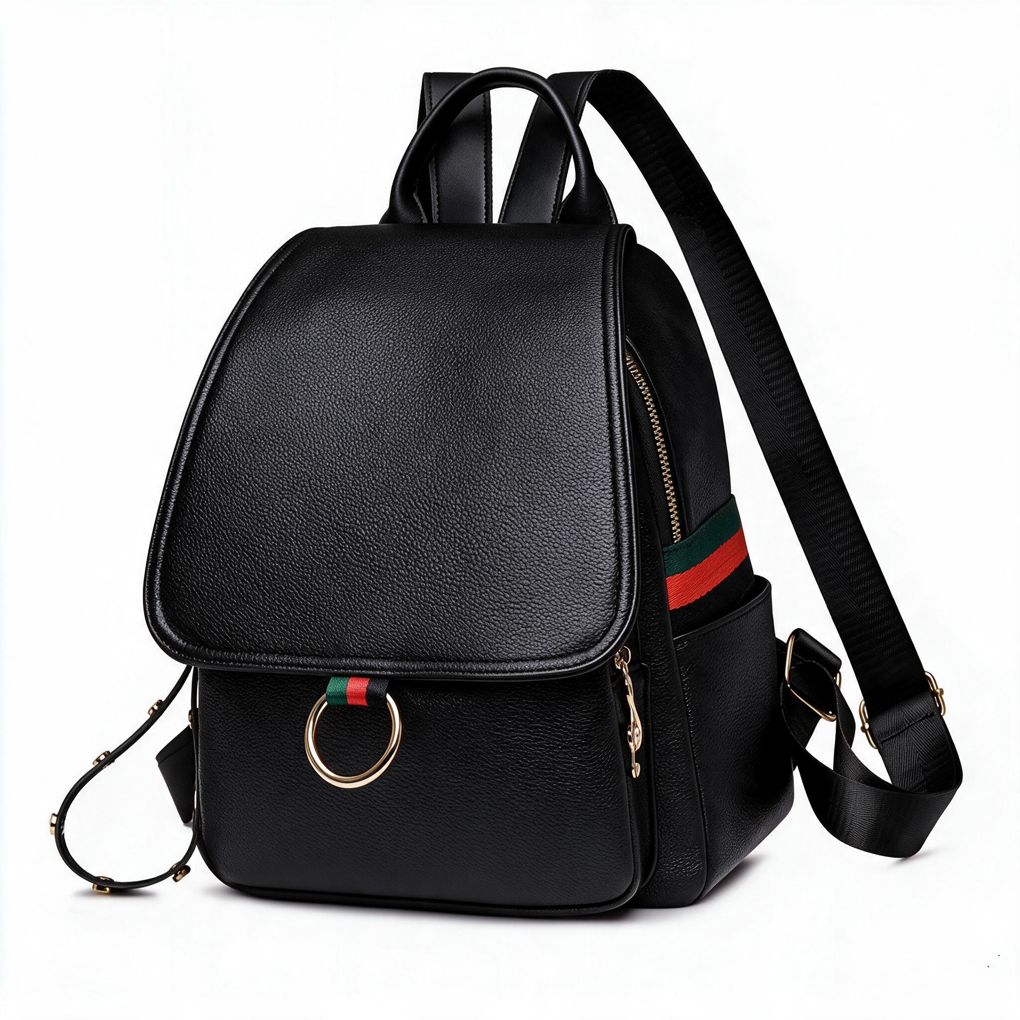 Sac à Dos Femme en Cuir Élégant avec Bande Rayée et Anneau Doré Confortable et Polyvalent SACKDS21N - حقيبة ظهر نسائية جلدية أنيقة بتصميم فاخر وتفاصيل كلاسيكية - 4