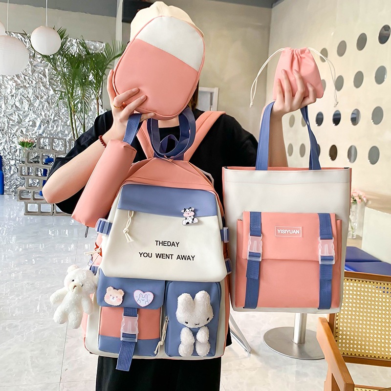 Sac à Dos Multifonctionnel Kawaii Grand Volume Imperméable et Résistant 5Pcs Rose SACKDS25RS - حقيبة ظهر بعدة قطع بتصميم كاوايي - 3