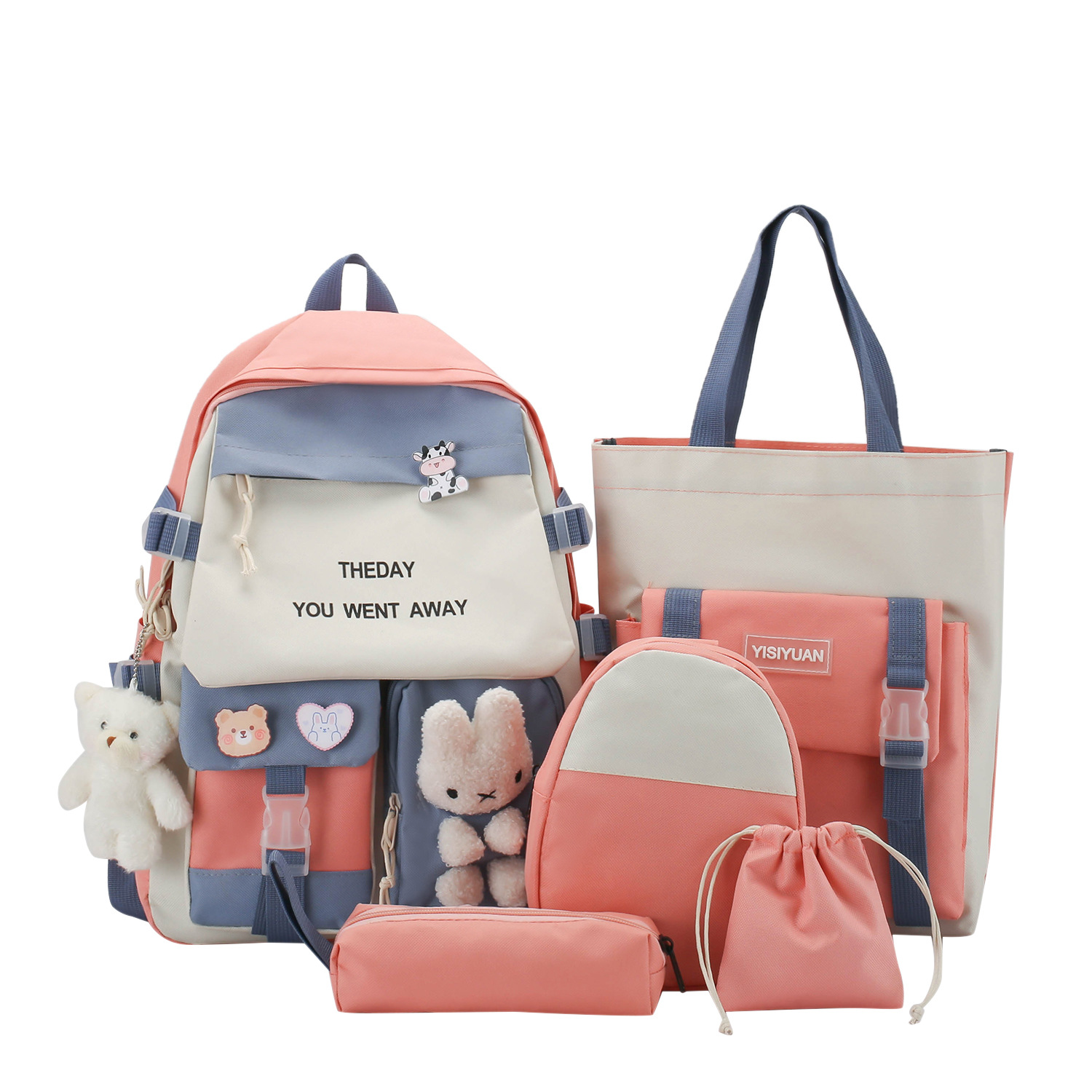 Sac à Dos Multifonctionnel Kawaii Grand Volume Imperméable et Résistant 5Pcs Rose SACKDS25RS - حقيبة ظهر بعدة قطع بتصميم كاوايي - 1