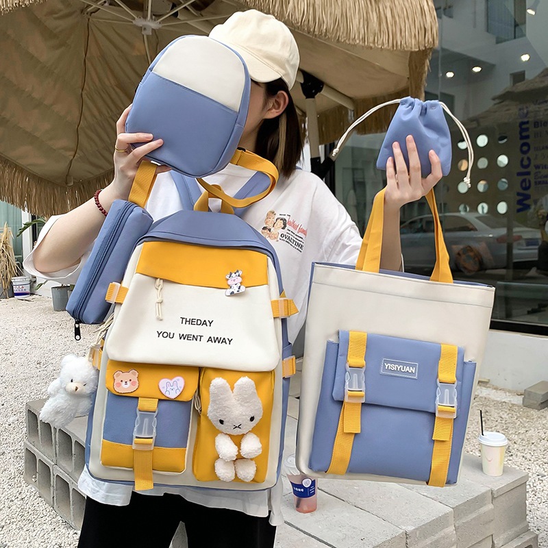 Sac à Dos Multifonctionnel Kawaii Grand Volume Imperméable et Résistant 5Pcs Bleu SACKDS25BL - حقيبة ظهر بعدة قطع بتصميم كاوايي - 1