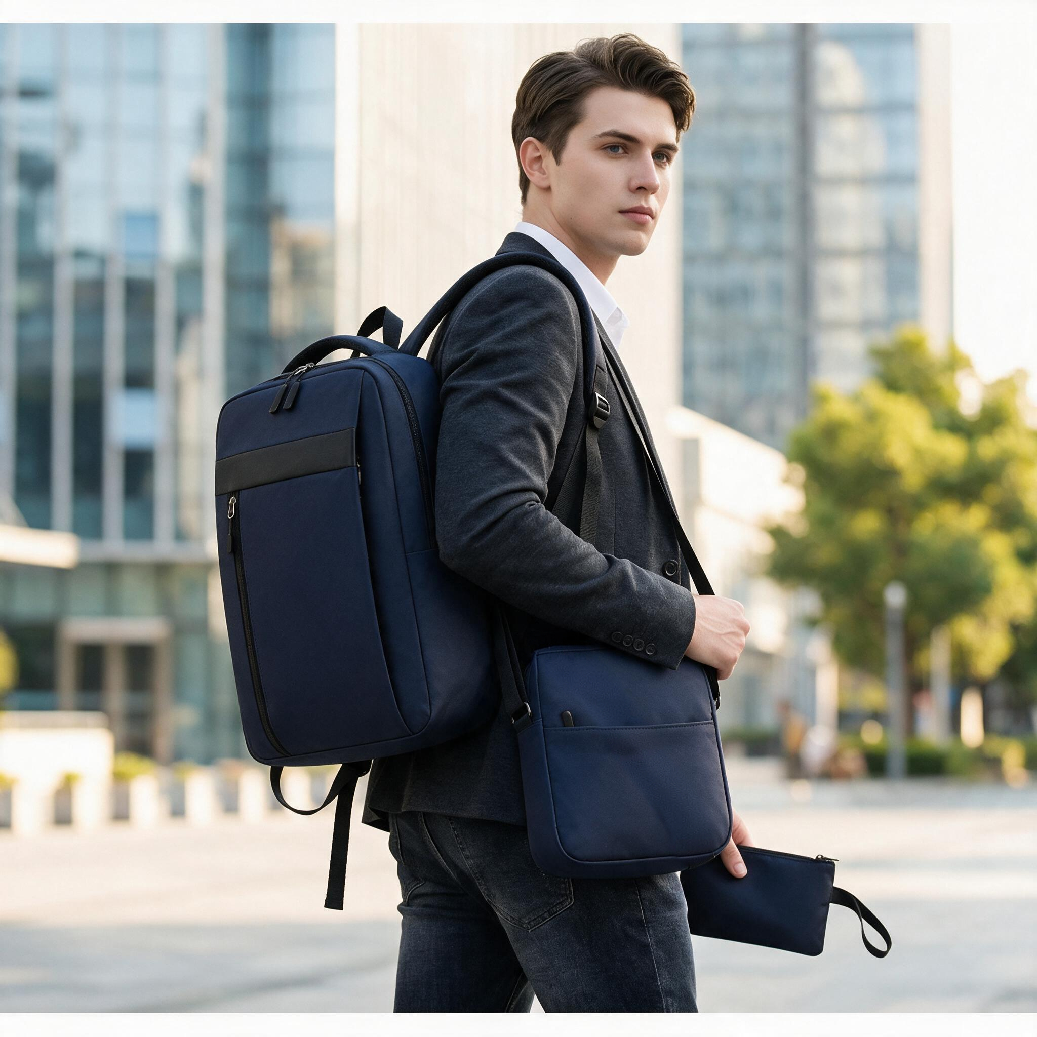 Ensemble 3 PCS sac a dos Élégant et Imperméable pour Homme Avec Port USB Bleu Mat-02 - طقم حقائب رجالية أنيقة 3 في 1 مع منفذ شحن - 2