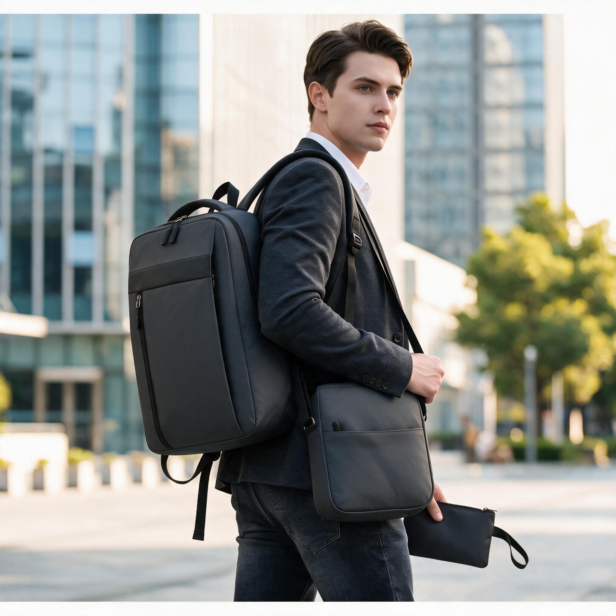 Ensemble 3 PCS sac a dos Élégant et Imperméable pour Homme Avec Port USB Gris Mat-02 - طقم حقائب رجالية أنيقة 3 في 1 مع منفذ شحن - 2