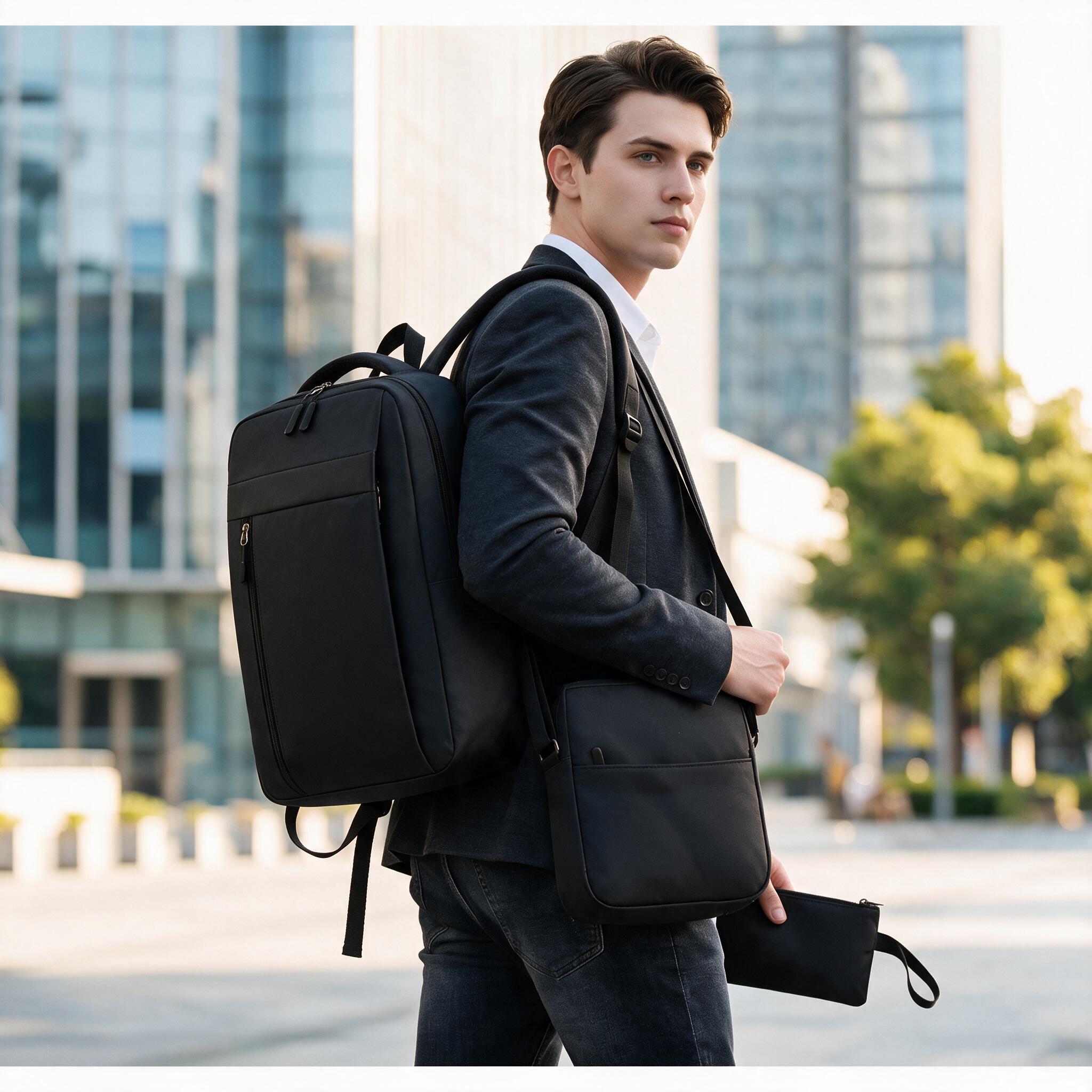Ensemble 3 PCS sac a dos Élégant et Imperméable pour Homme Avec Port USB Noir Mat-02 - طقم حقائب رجالية أنيقة 3 في 1 مع منفذ شحن 12