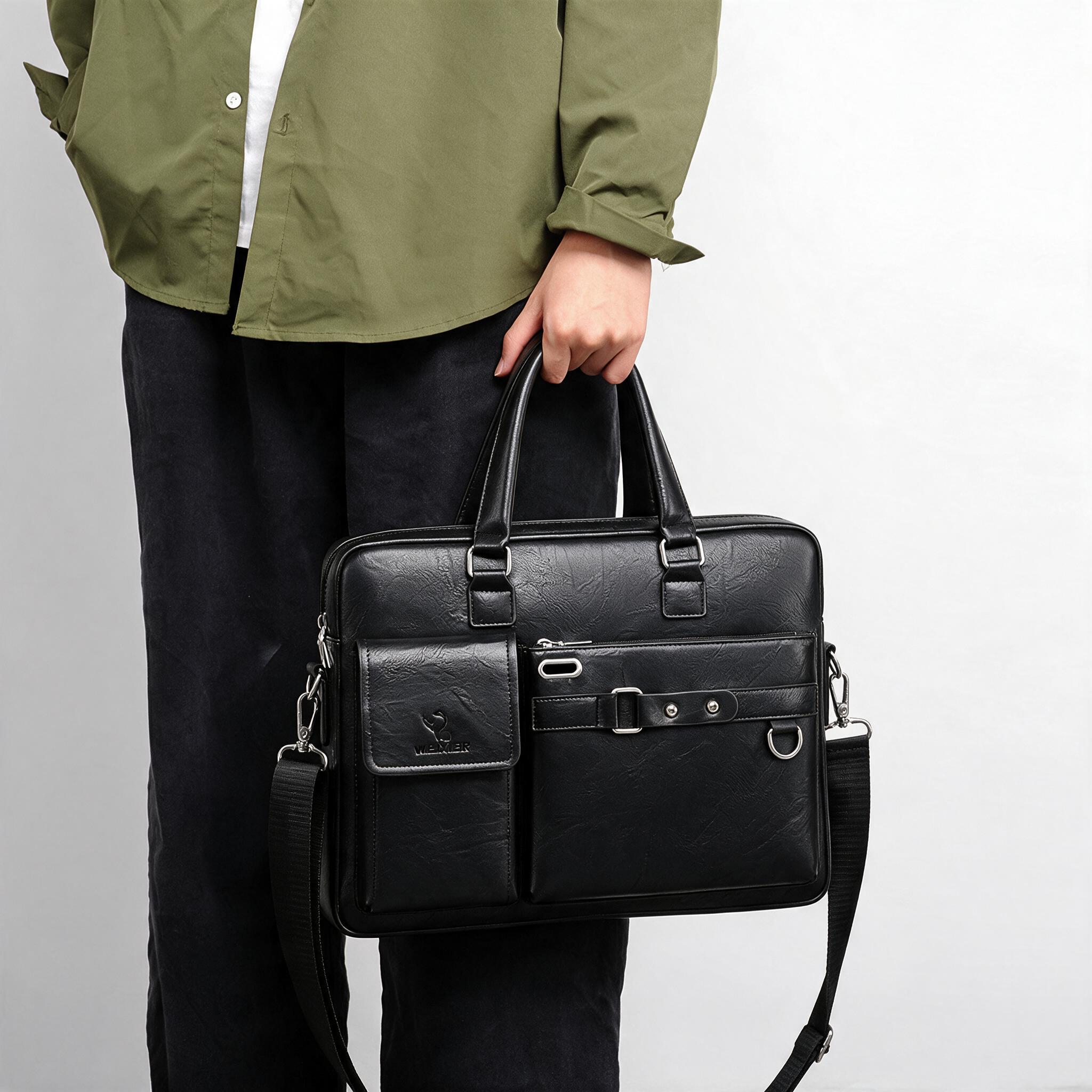 Sac à main Business Vintage en cuir PU 14 pouces V8 Noir - حقيبة يد وكتف جلدية فاخرة للرجال ولرجال الأعمال