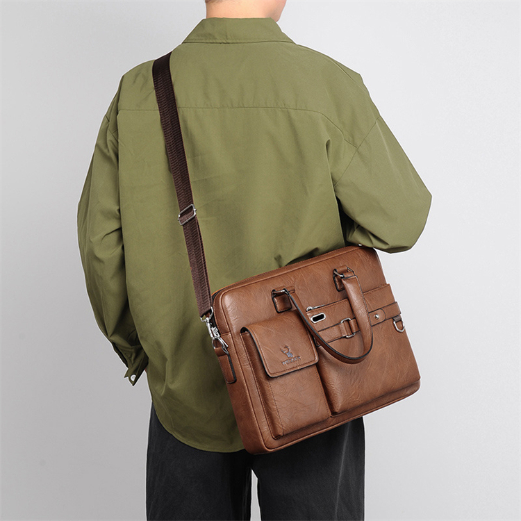 Sac à main Business Vintage en cuir PU 14 pouces V8 Marron Clair - حقيبة يد وكتف جلدية فاخرة للرجال ولرجال الأعمال 4