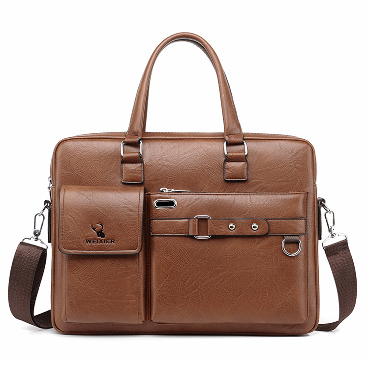 Sac à main Business Vintage en cuir PU 14 pouces V8 Marron Clair - حقيبة يد وكتف جلدية فاخرة للرجال ولرجال الأعمال