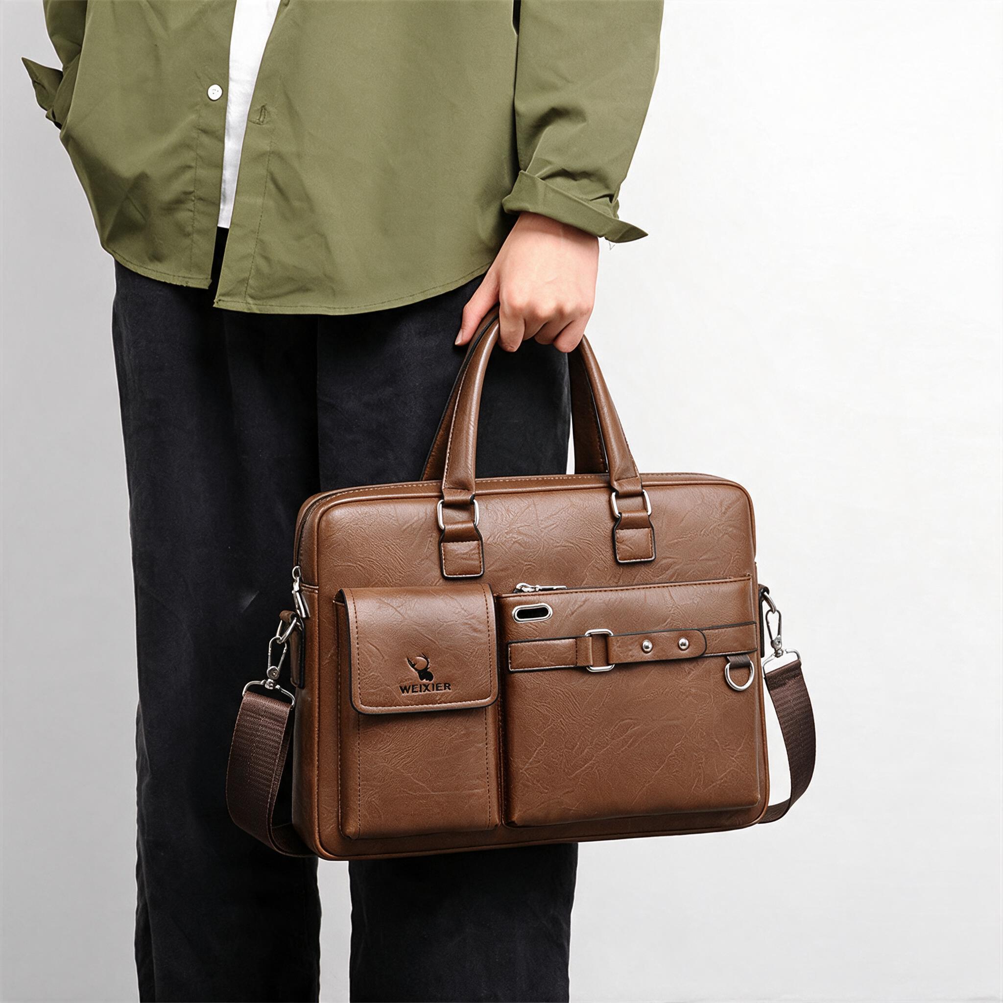 Sac à main Business Vintage en cuir PU 14 pouces V8 Marron Clair - حقيبة يد وكتف جلدية فاخرة للرجال ولرجال الأعمال 8