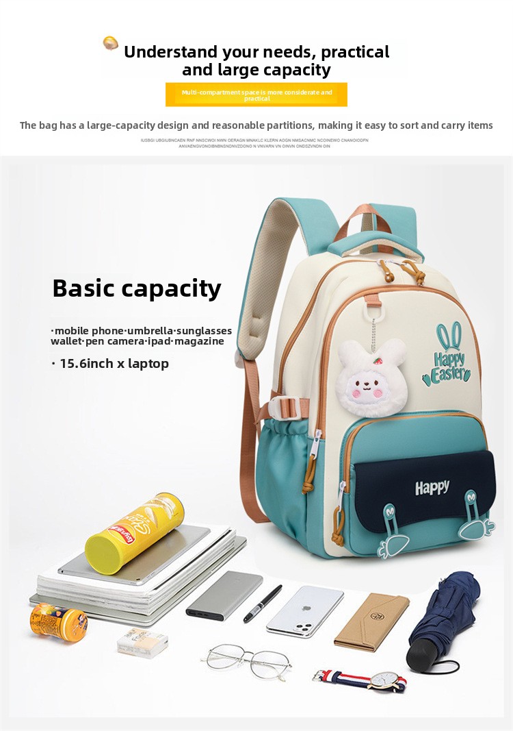 Sac à Dos Scolaire Motif Lapin Happy Easter Ergonomique Tissu Imperméable Vert SACKDS31V - حقيبة ظهر مدرسية وعصرية بتصميم الأرنب اللطيف - 3