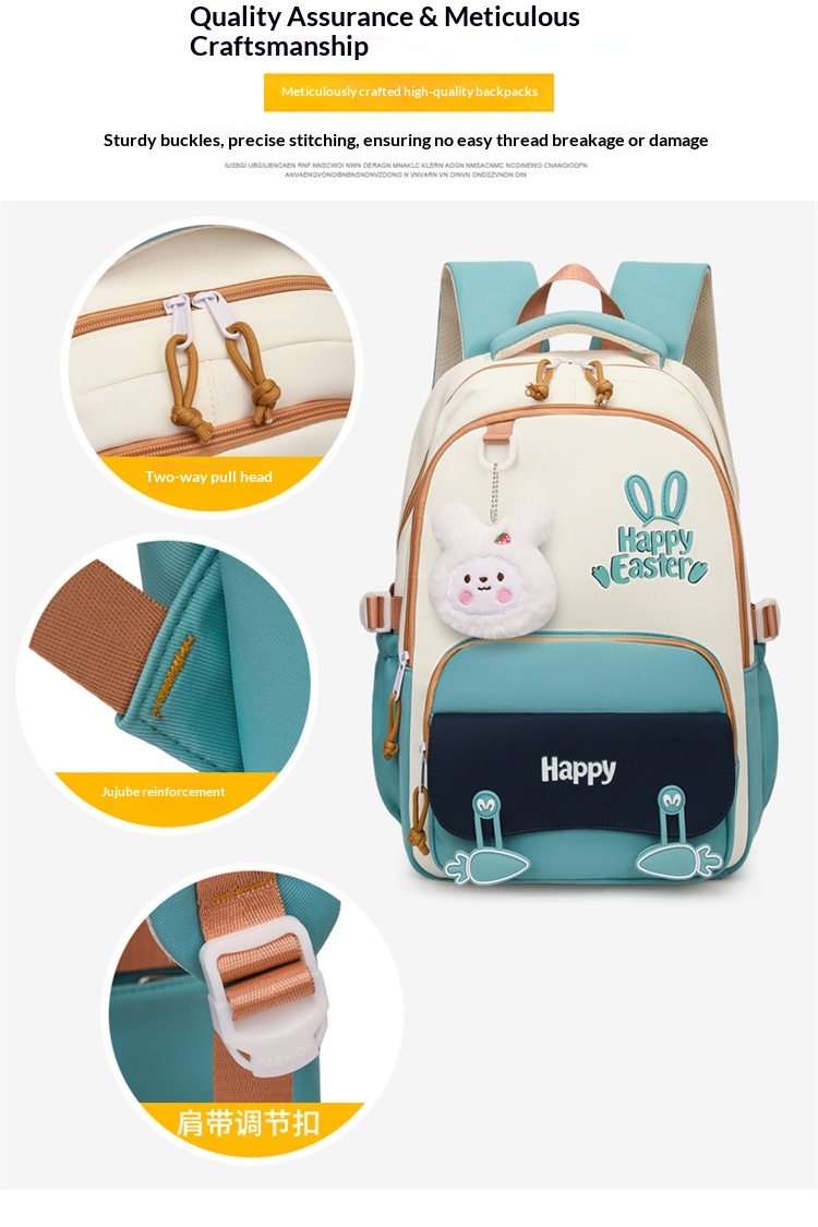 Sac à Dos Scolaire Motif Lapin Happy Easter Ergonomique Tissu Imperméable Vert SACKDS31V - حقيبة ظهر مدرسية وعصرية بتصميم الأرنب اللطيف - 4
