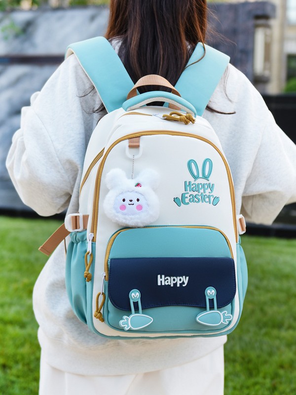 Sac à Dos Scolaire Motif Lapin Happy Easter Ergonomique Tissu Imperméable Vert SACKDS31V - حقيبة ظهر مدرسية وعصرية بتصميم الأرنب اللطيف - 10