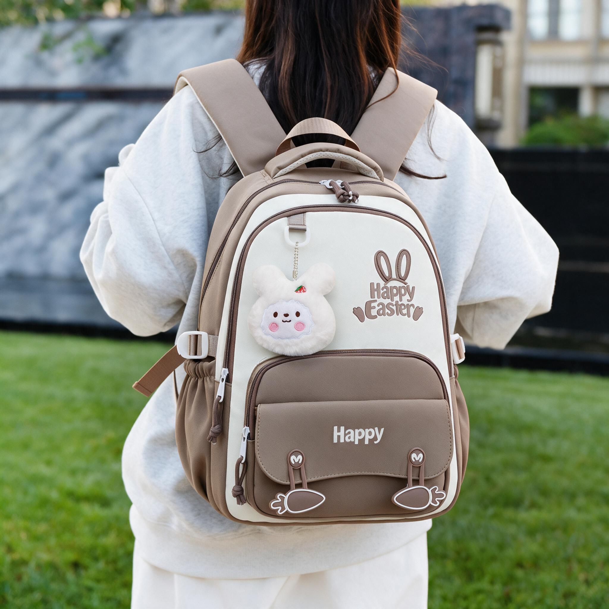 Sac à Dos Scolaire Motif Lapin Happy Easter Ergonomique Tissu Imperméable Marron SACKDS31MR - حقيبة ظهر مدرسية وعصرية بتصميم الأرنب اللطيف - 1