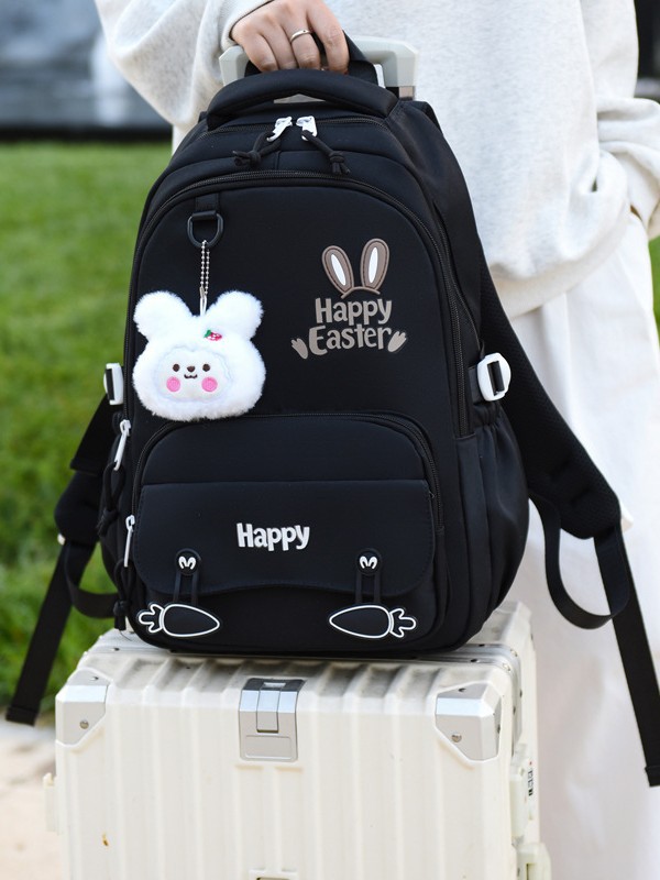 Sac à Dos Scolaire Motif Lapin Happy Easter Ergonomique Tissu Imperméable Noir SACKDS31N - حقيبة ظهر مدرسية وعصرية بتصميم الأرنب اللطيف - 2